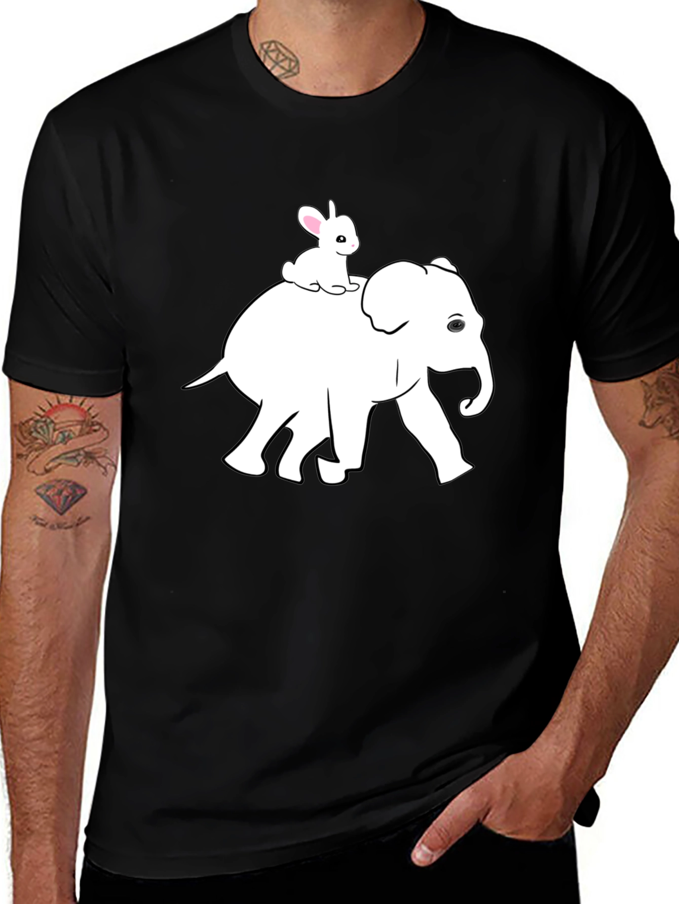 Elephant and Bunny Graphic Tee - Black Cotton T-Shirt