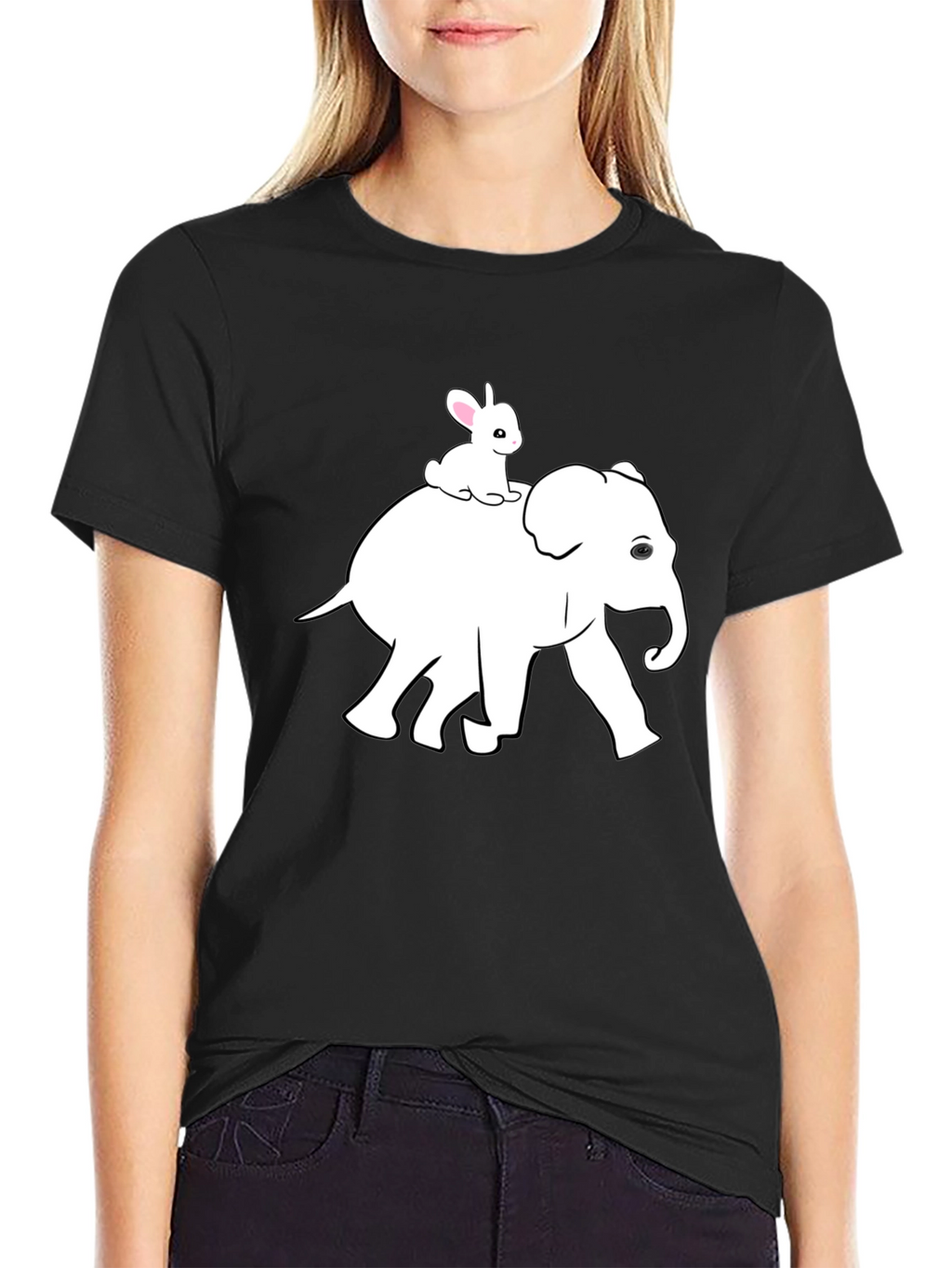 Elephant and Bunny Graphic Tee - Black Cotton T-Shirt