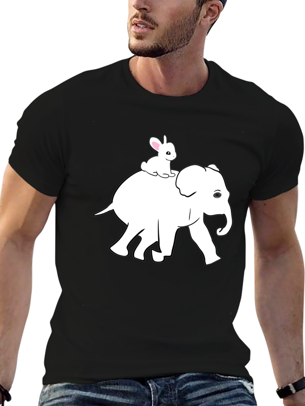 Elephant and Bunny Graphic Tee - Black Cotton T-Shirt