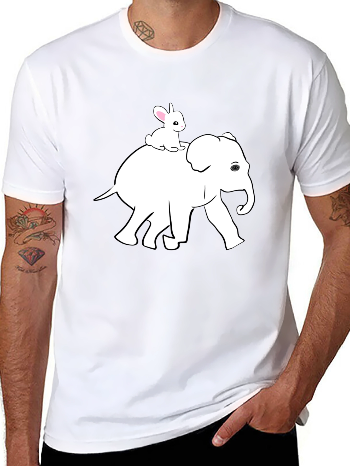 Elephant and Bunny Graphic Tee - Black Cotton T-Shirt