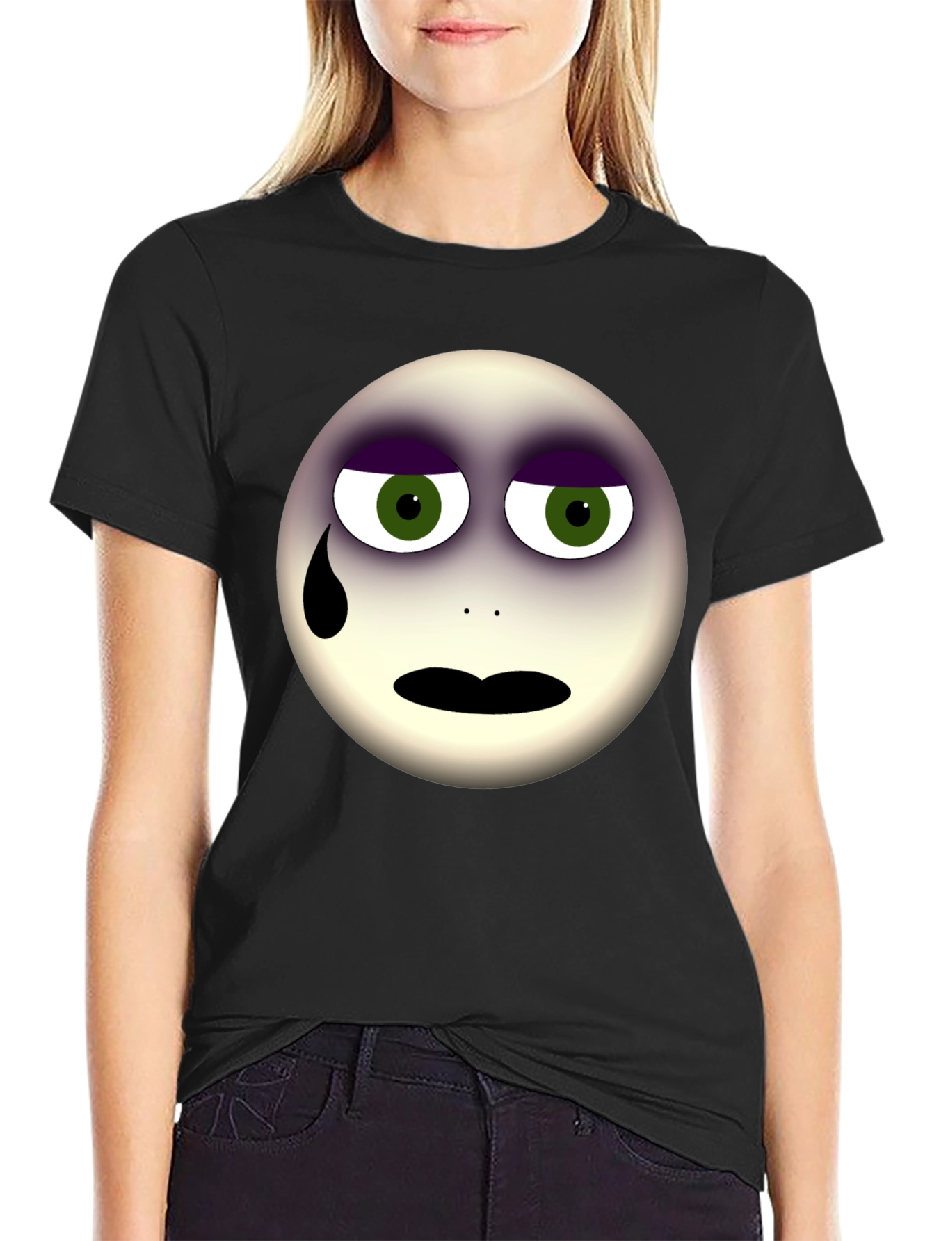 Sad Emoji Graphic Print Black T-Shirt