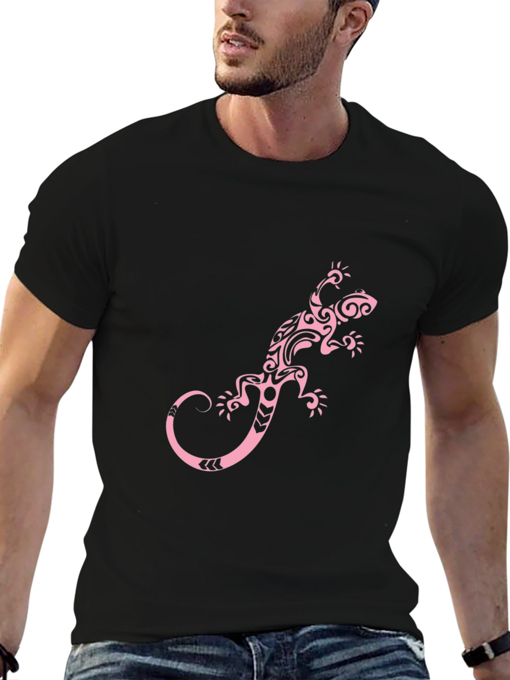 Black T-Shirt with Pink Tribal Lizard Print