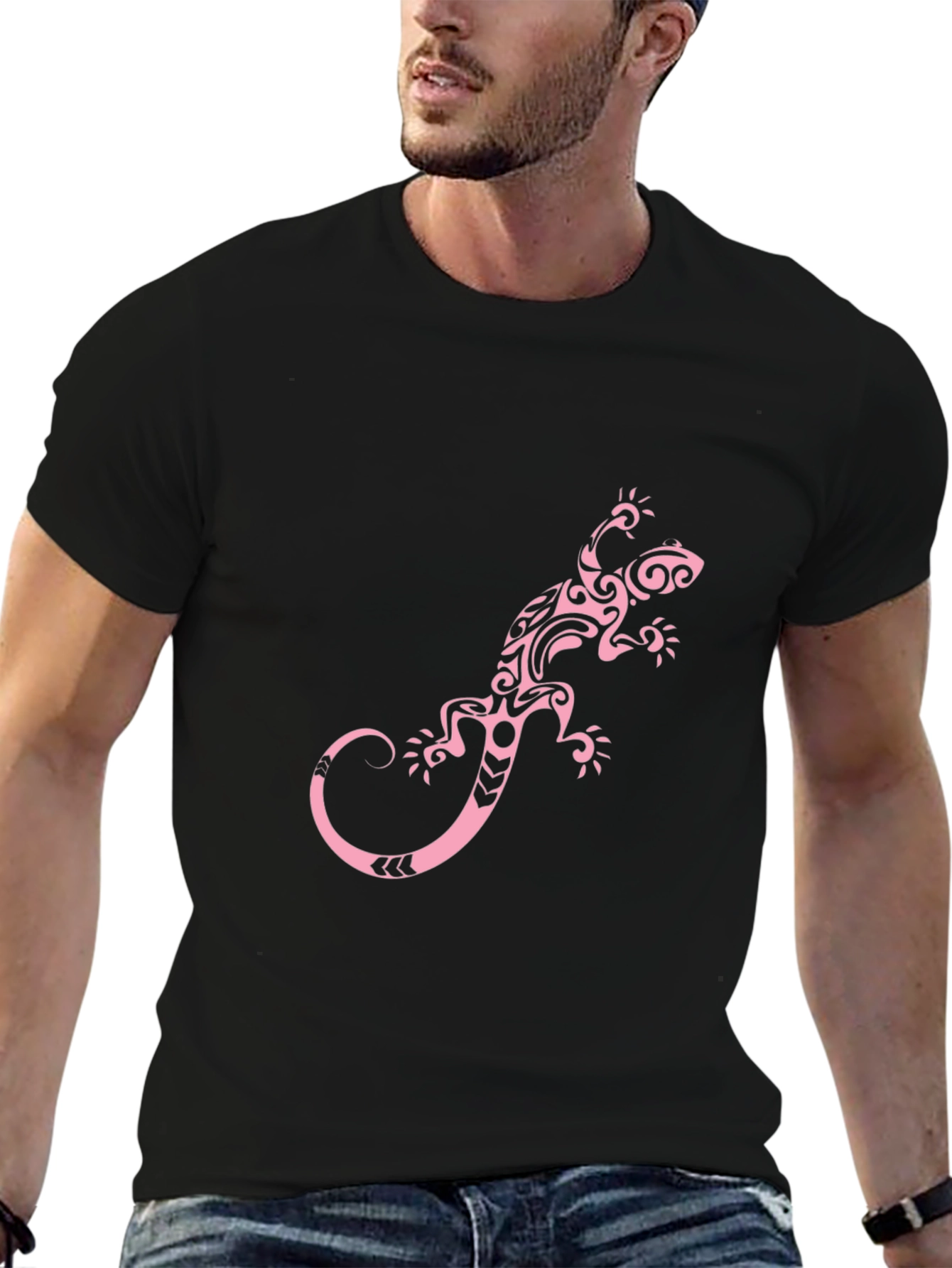 Black T-Shirt with Pink Tribal Lizard Print