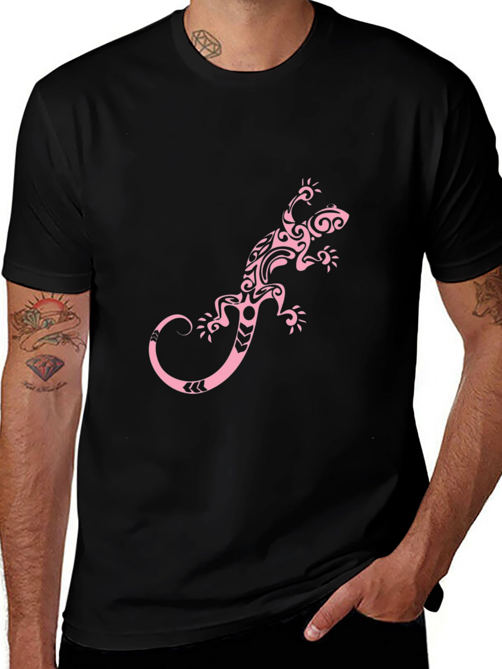Black T-Shirt with Pink Tribal Lizard Print