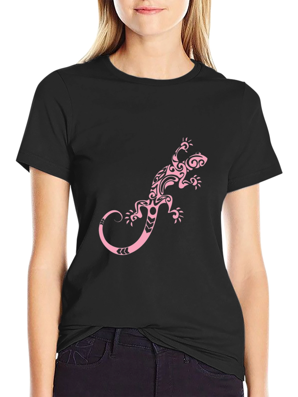Black T-Shirt with Pink Tribal Lizard Print