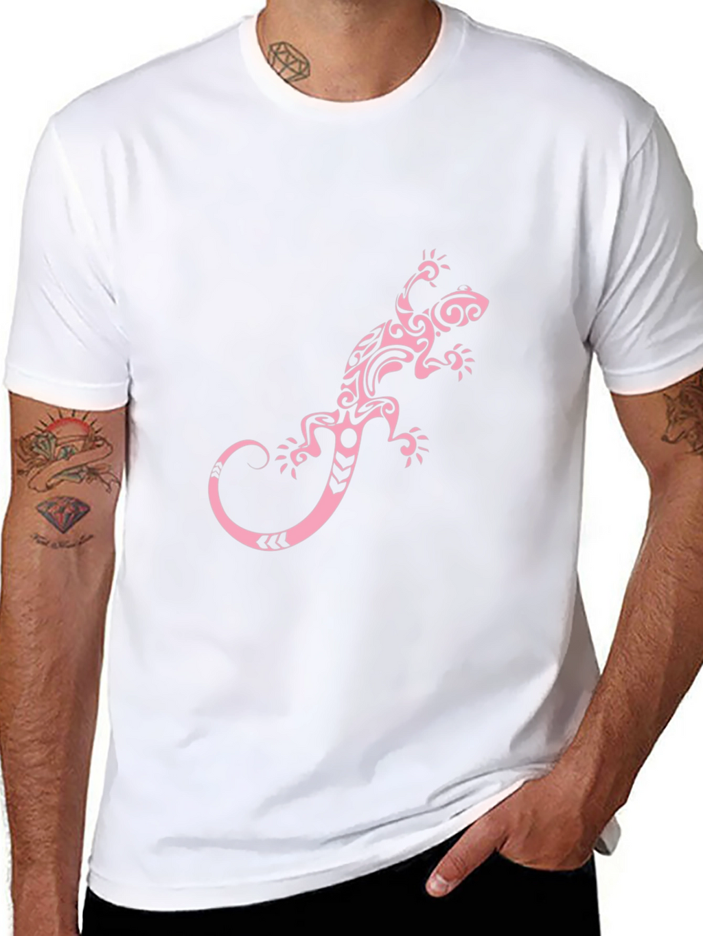 Black T-Shirt with Pink Tribal Lizard Print