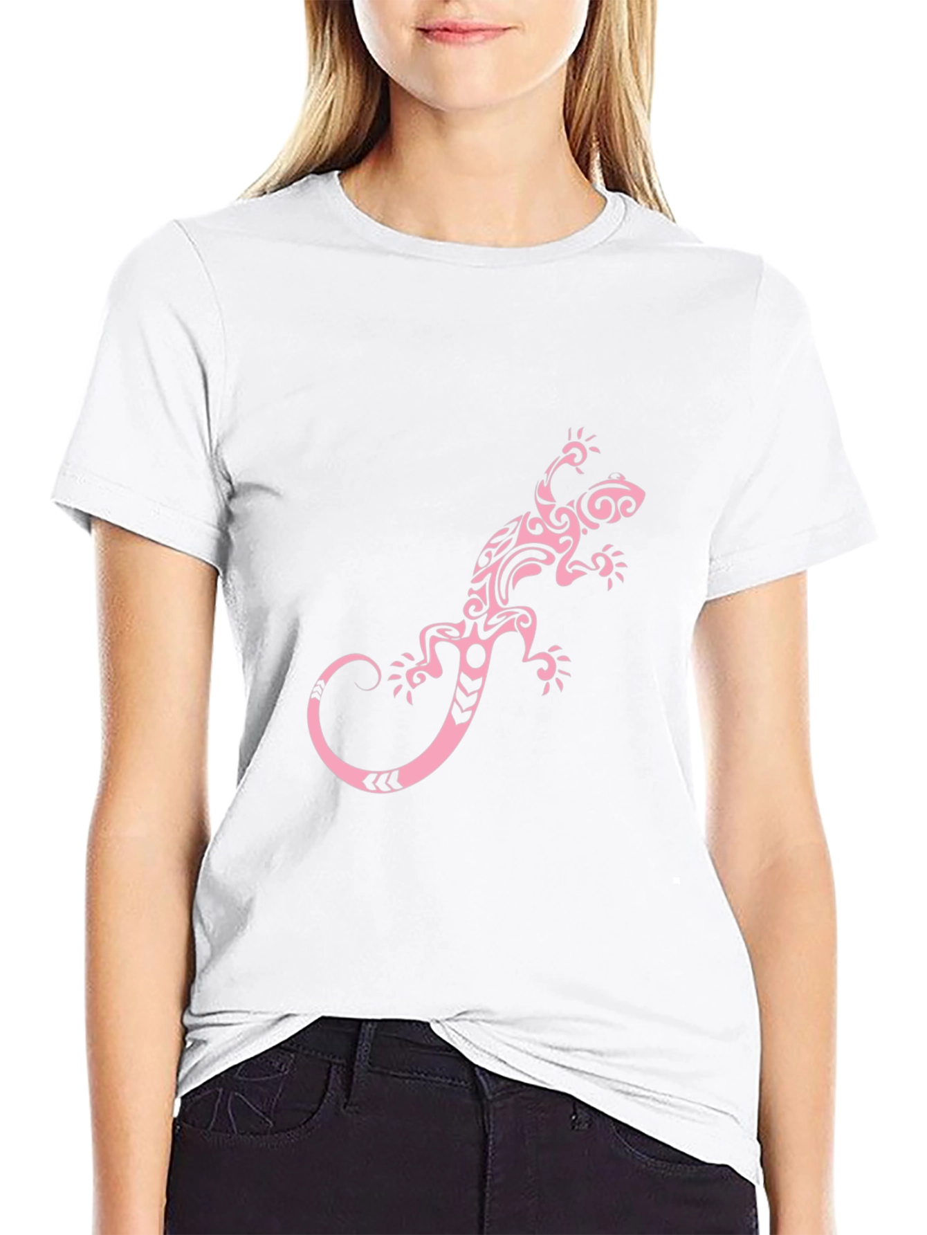 Black T-Shirt with Pink Tribal Lizard Print