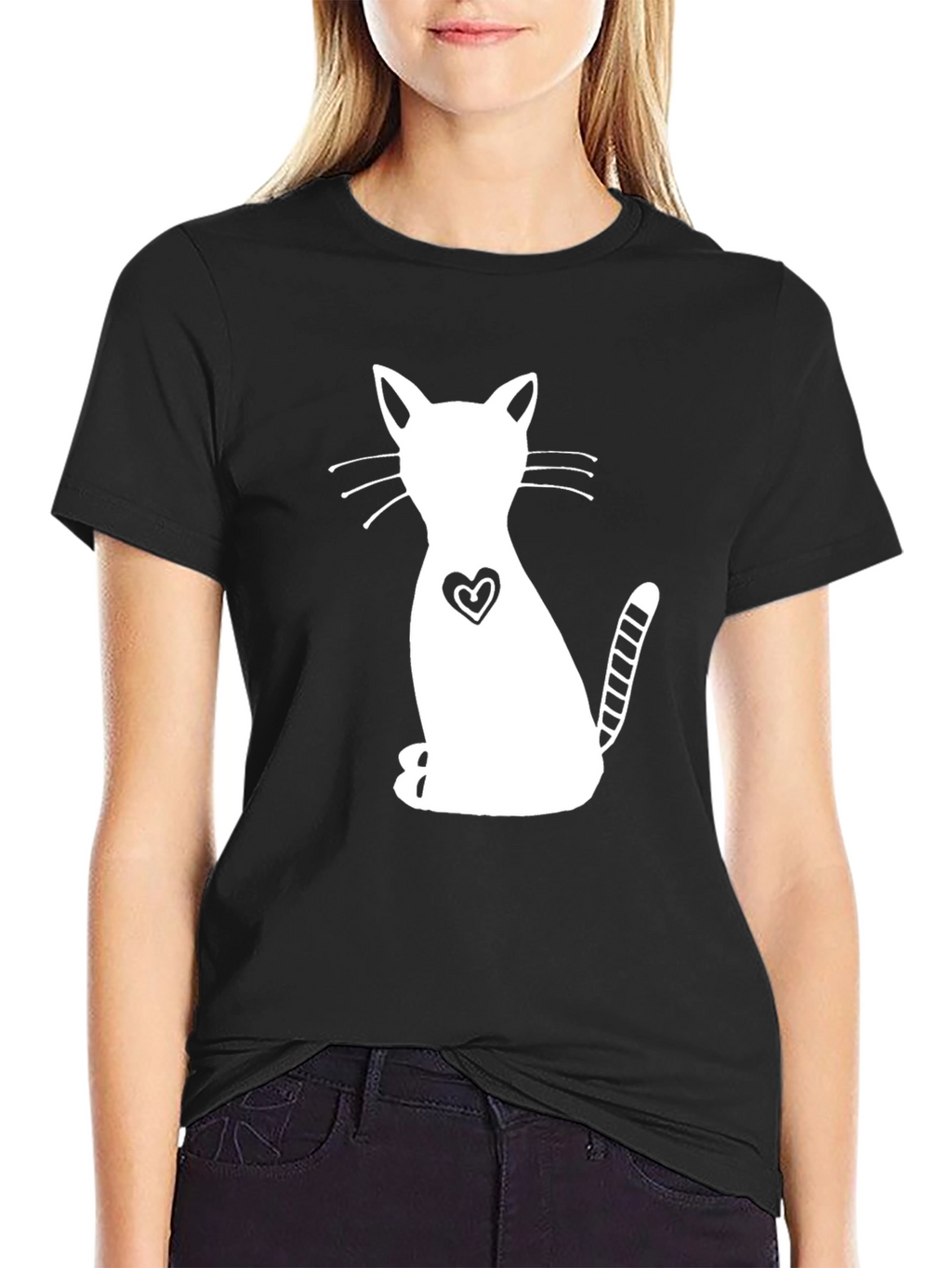 Cute Cat Heart Graphic Black T-Shirt