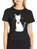 Cute Cat Heart Graphic Black T-Shirt