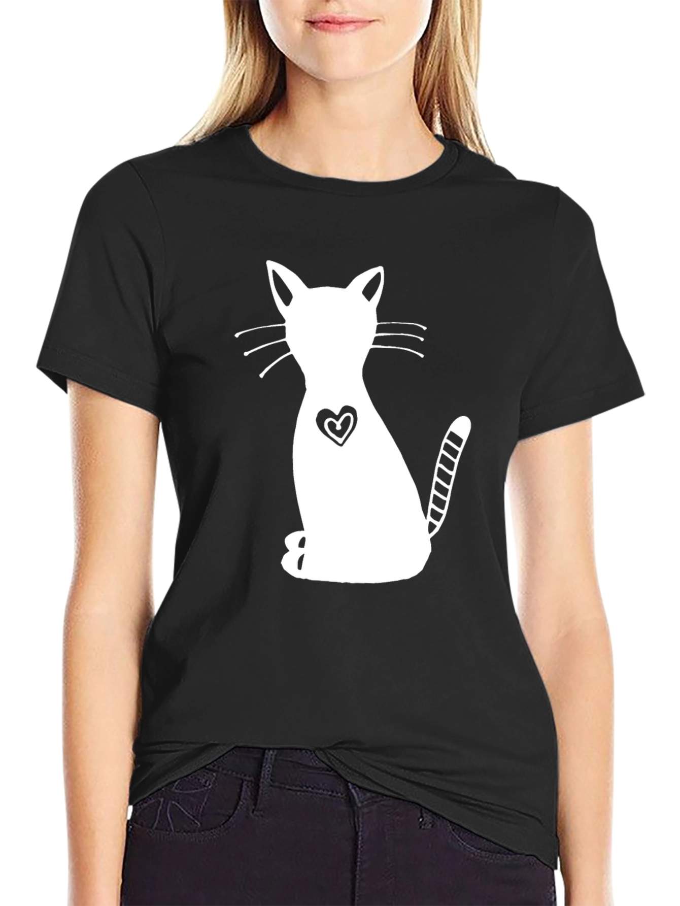 Cute Cat Heart Graphic Black T-Shirt