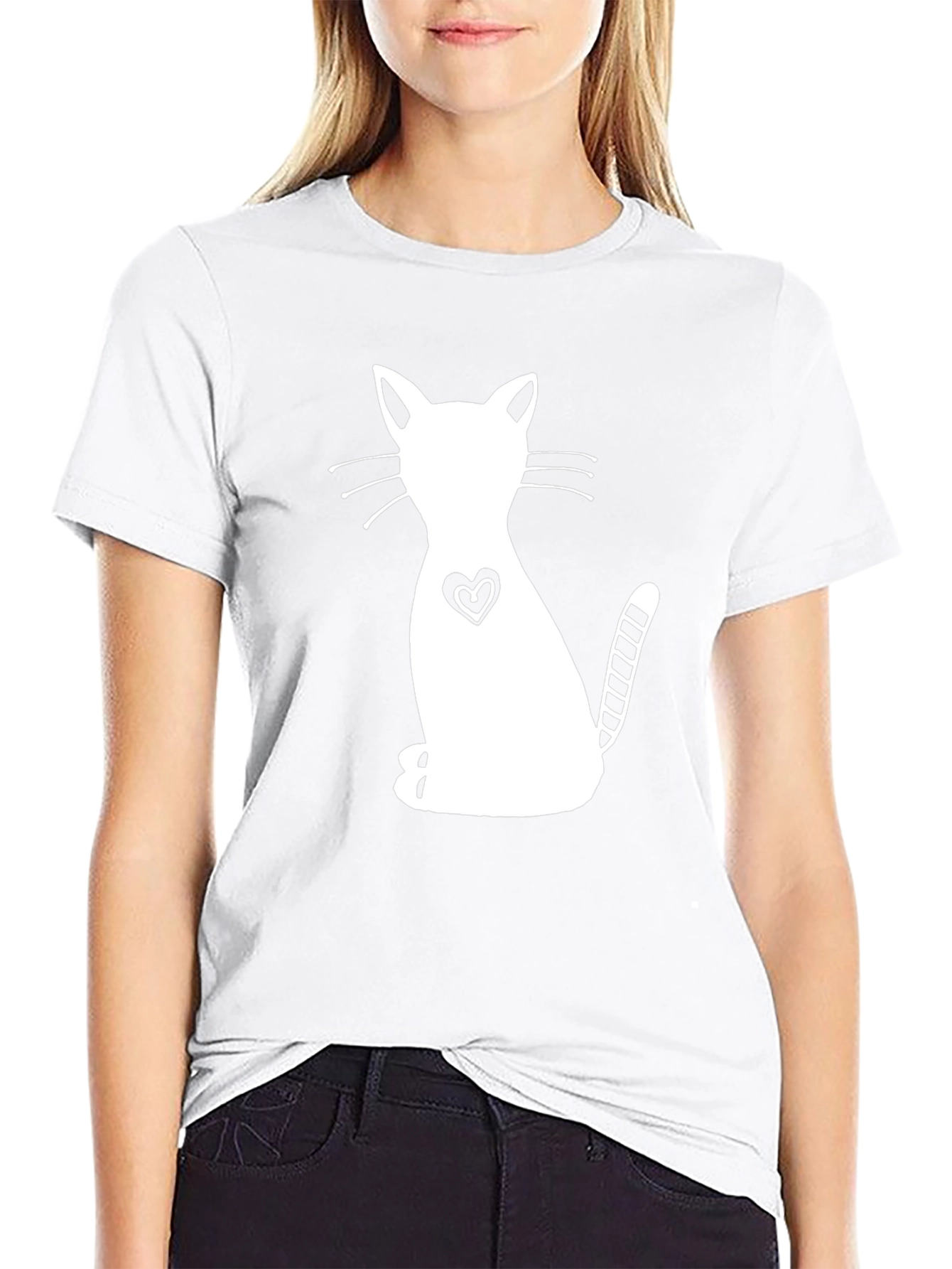 Cute Cat Heart Graphic Black T-Shirt