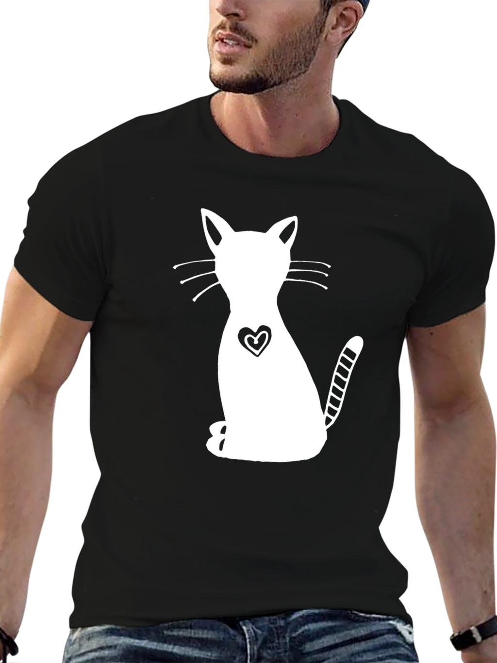 Cute Cat Heart Graphic Black T-Shirt