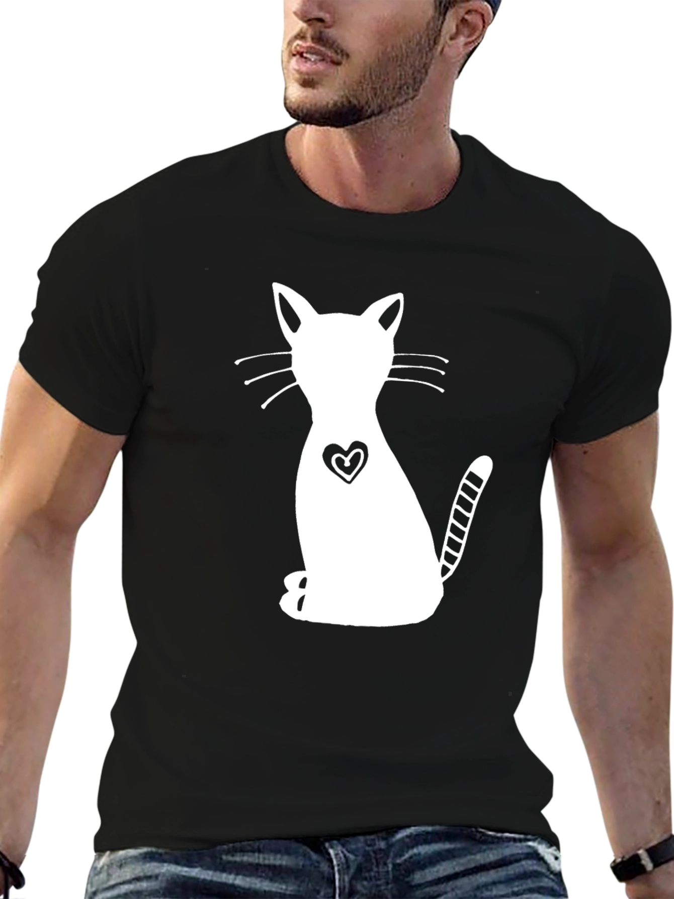 Cute Cat Heart Graphic Black T-Shirt