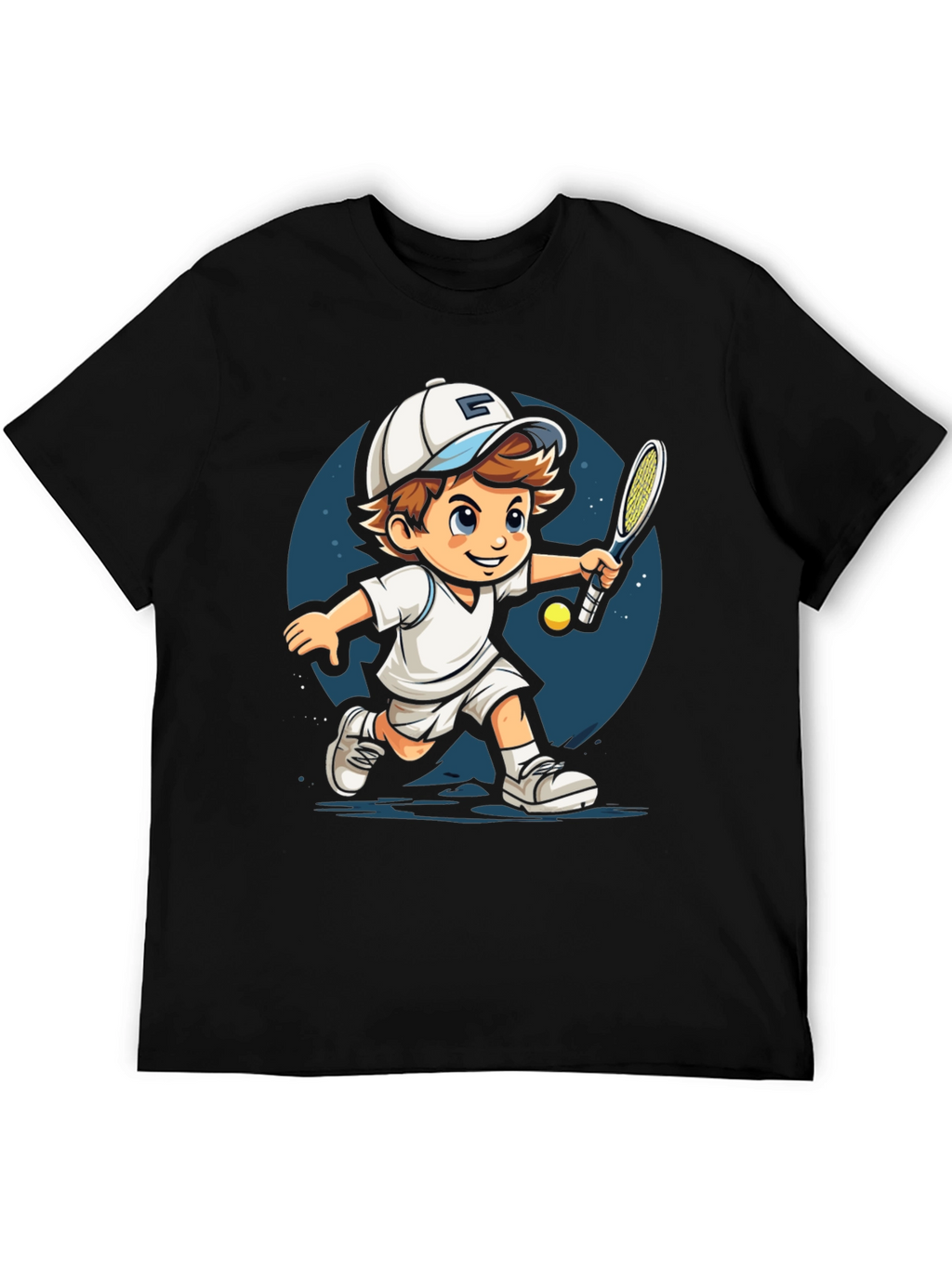 Cartoon Tennis Player Black T-Shirt
