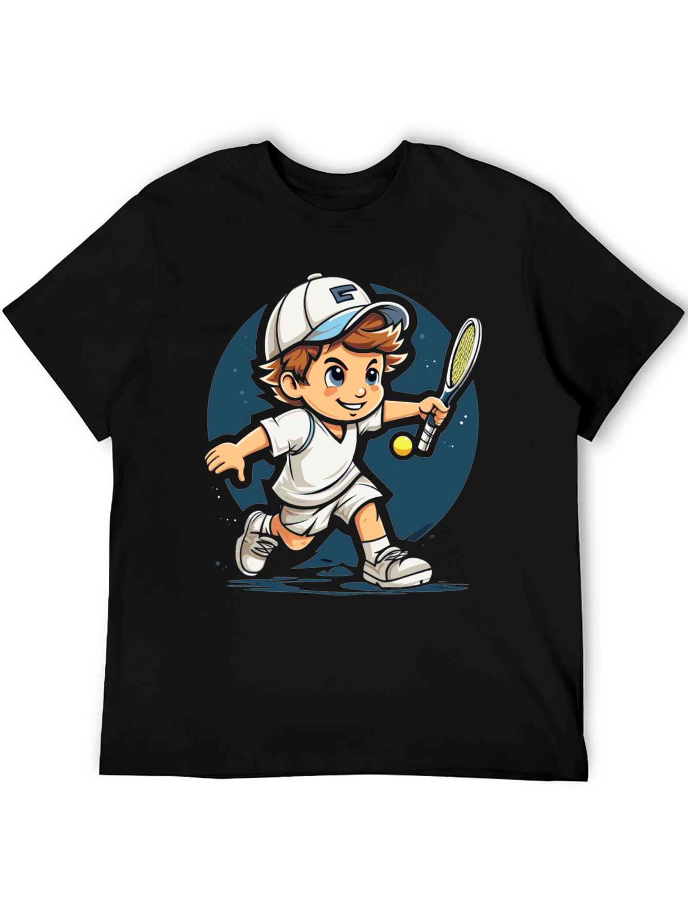 Cartoon Tennis Player Black T-Shirt