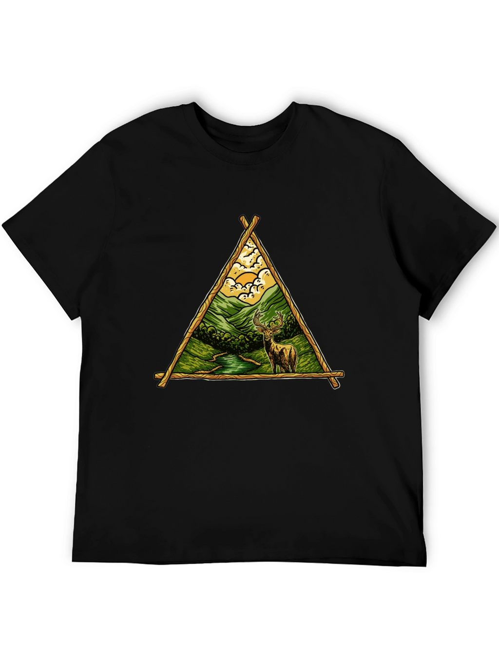 Nature Deer Graphic Tee - Black Cotton Shirt