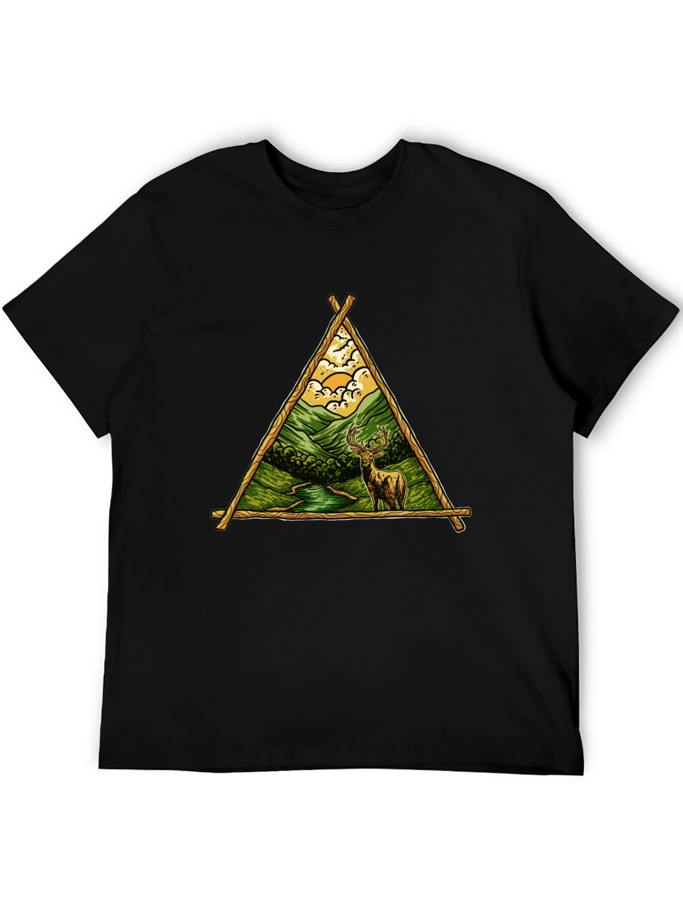 Nature Deer Graphic Tee - Black Cotton Shirt