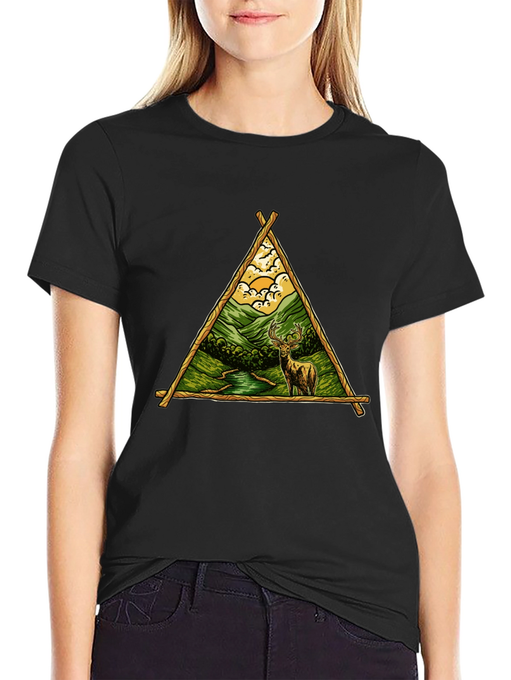 Nature Deer Graphic Tee - Black Cotton Shirt