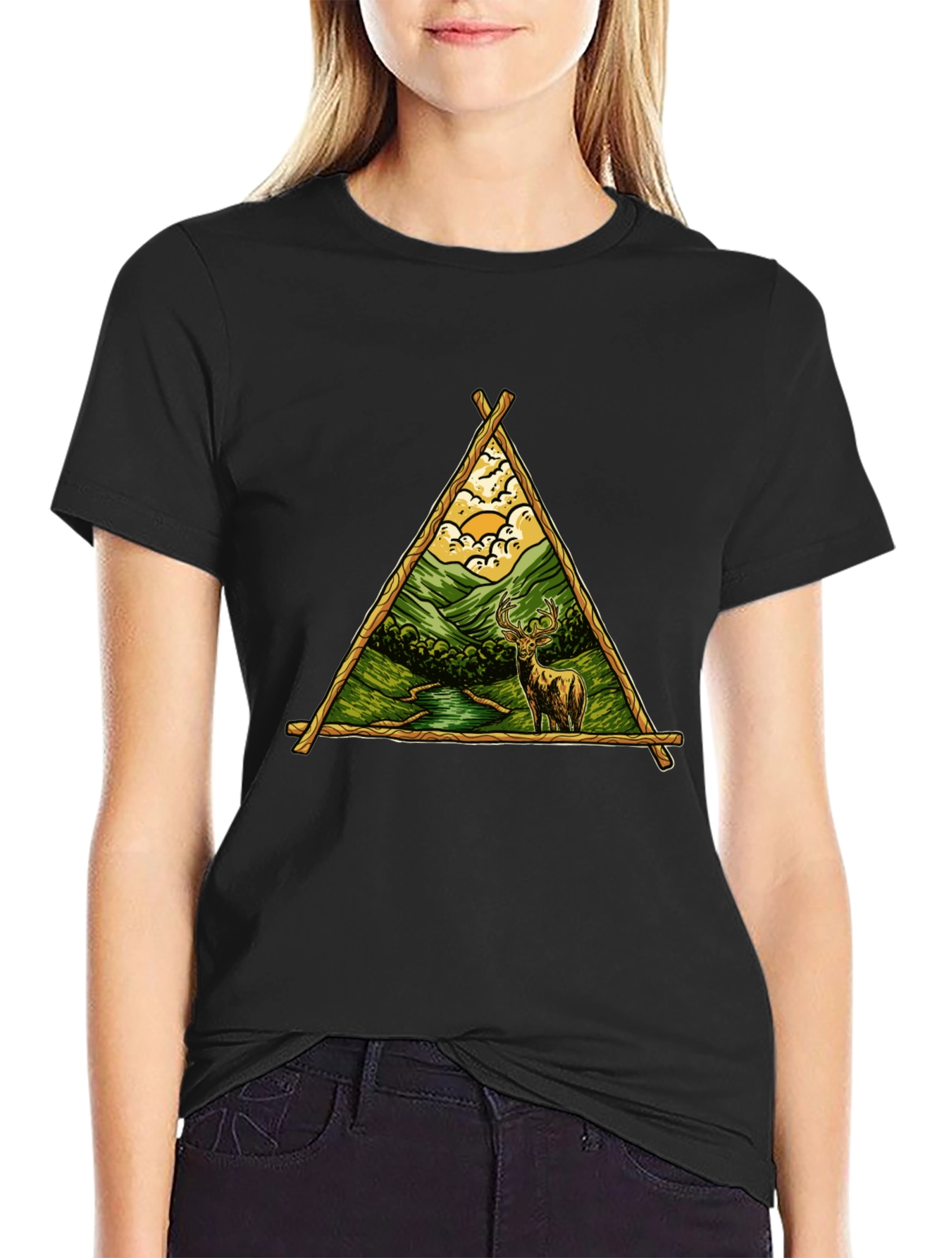 Nature Deer Graphic Tee - Black Cotton Shirt