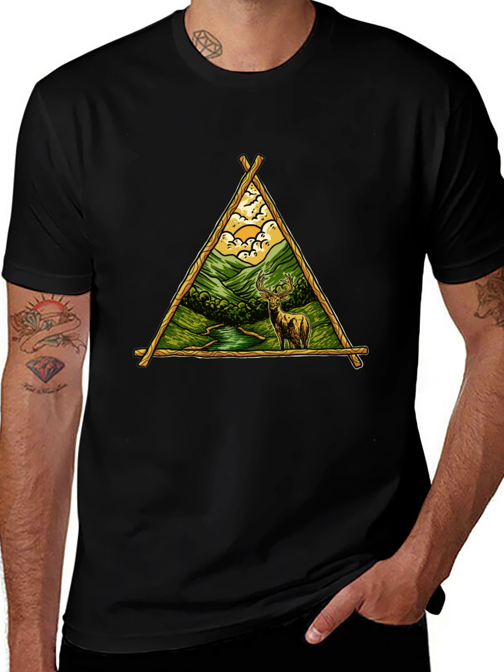 Nature Deer Graphic Tee - Black Cotton Shirt