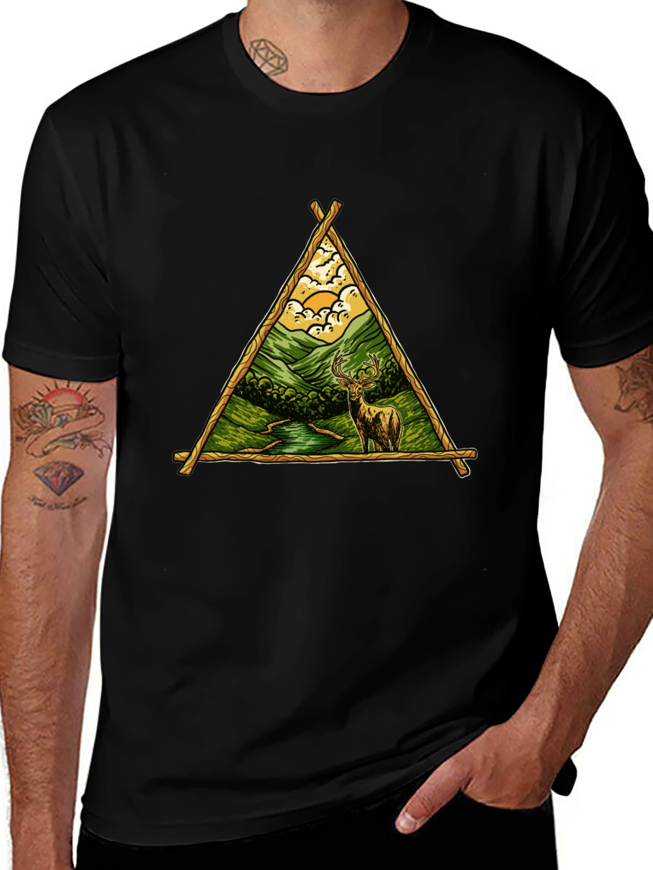 Nature Deer Graphic Tee - Black Cotton Shirt
