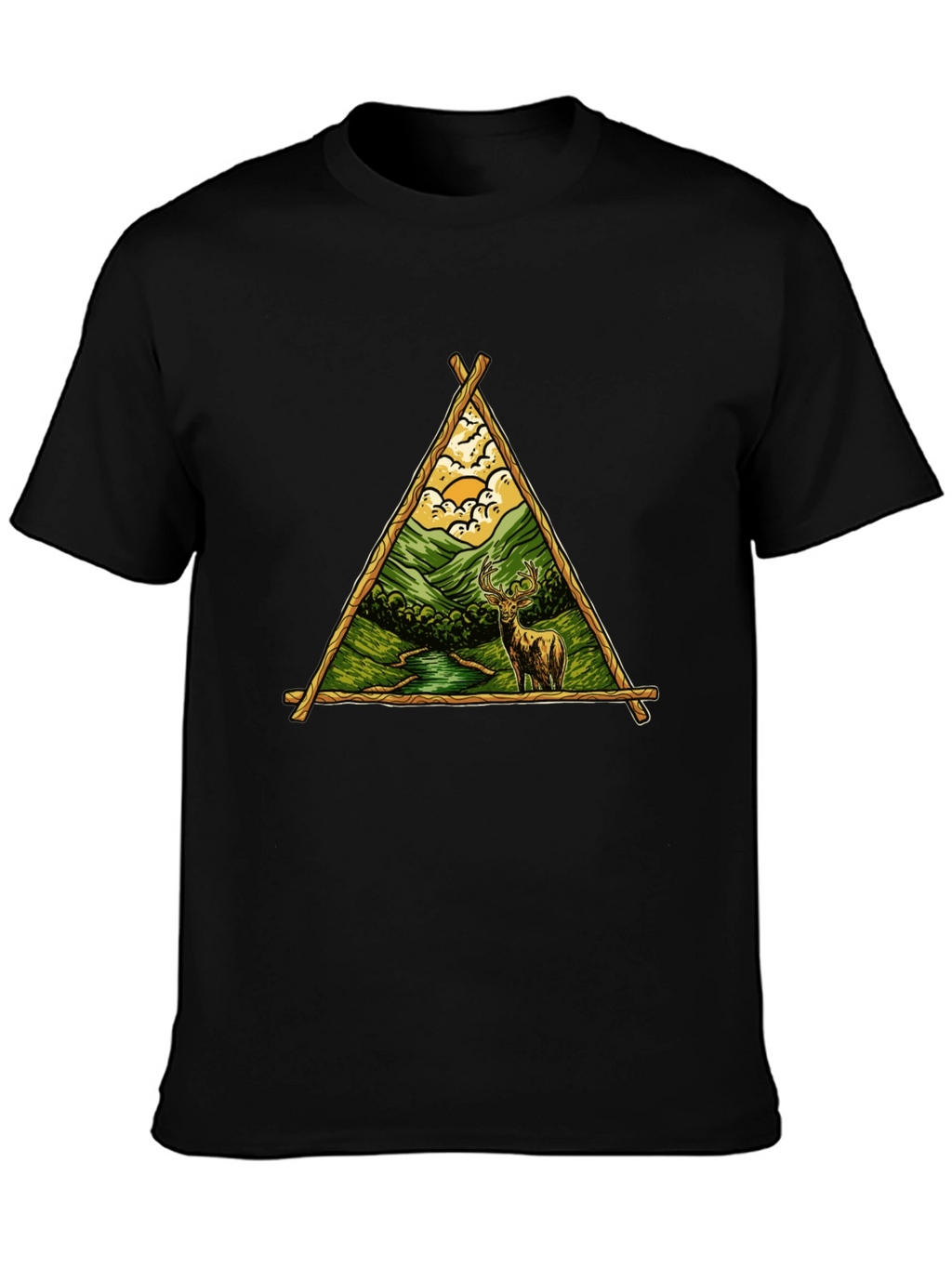 Nature Deer Graphic Tee - Black Cotton Shirt
