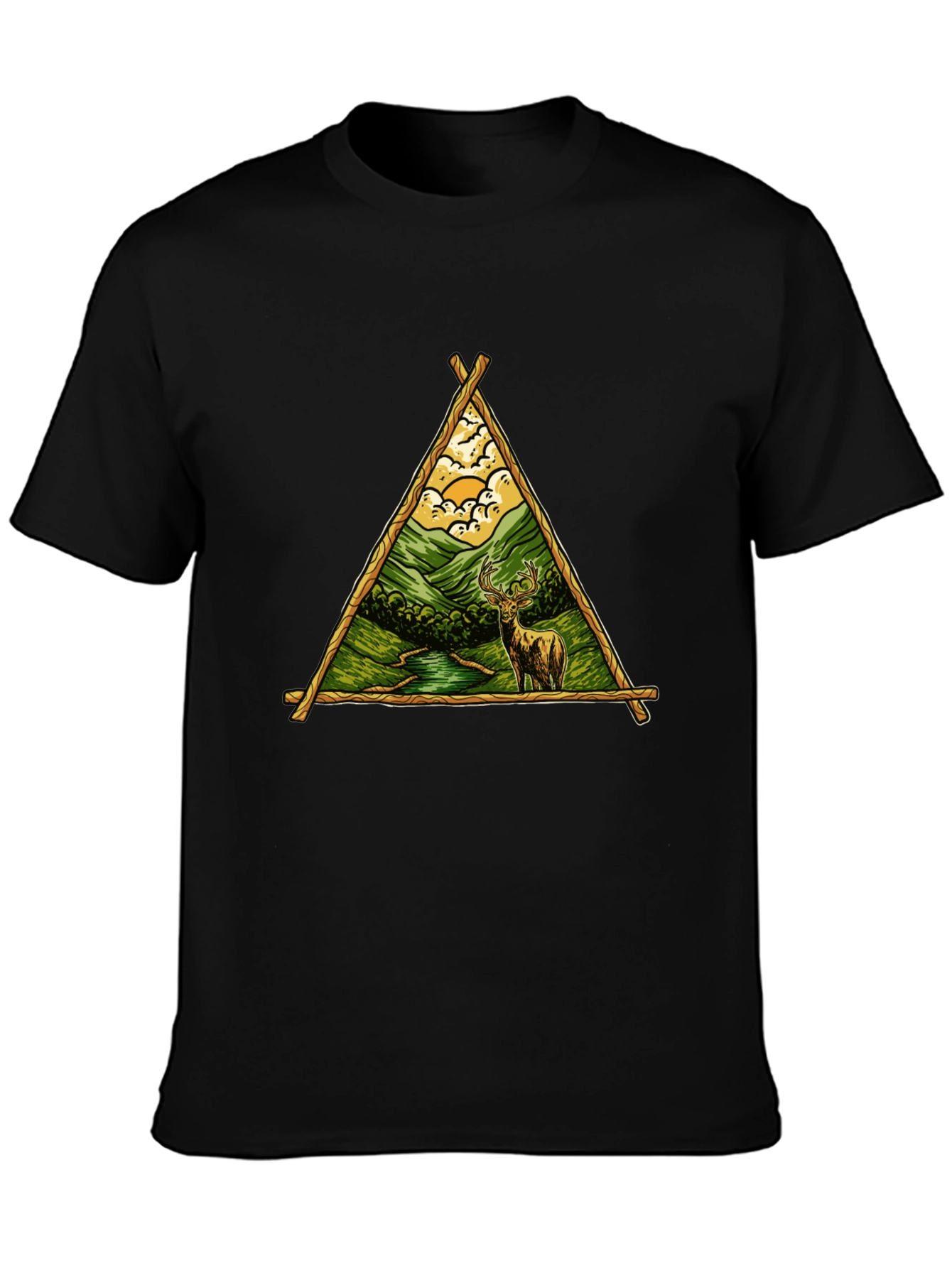 Nature Deer Graphic Tee - Black Cotton Shirt