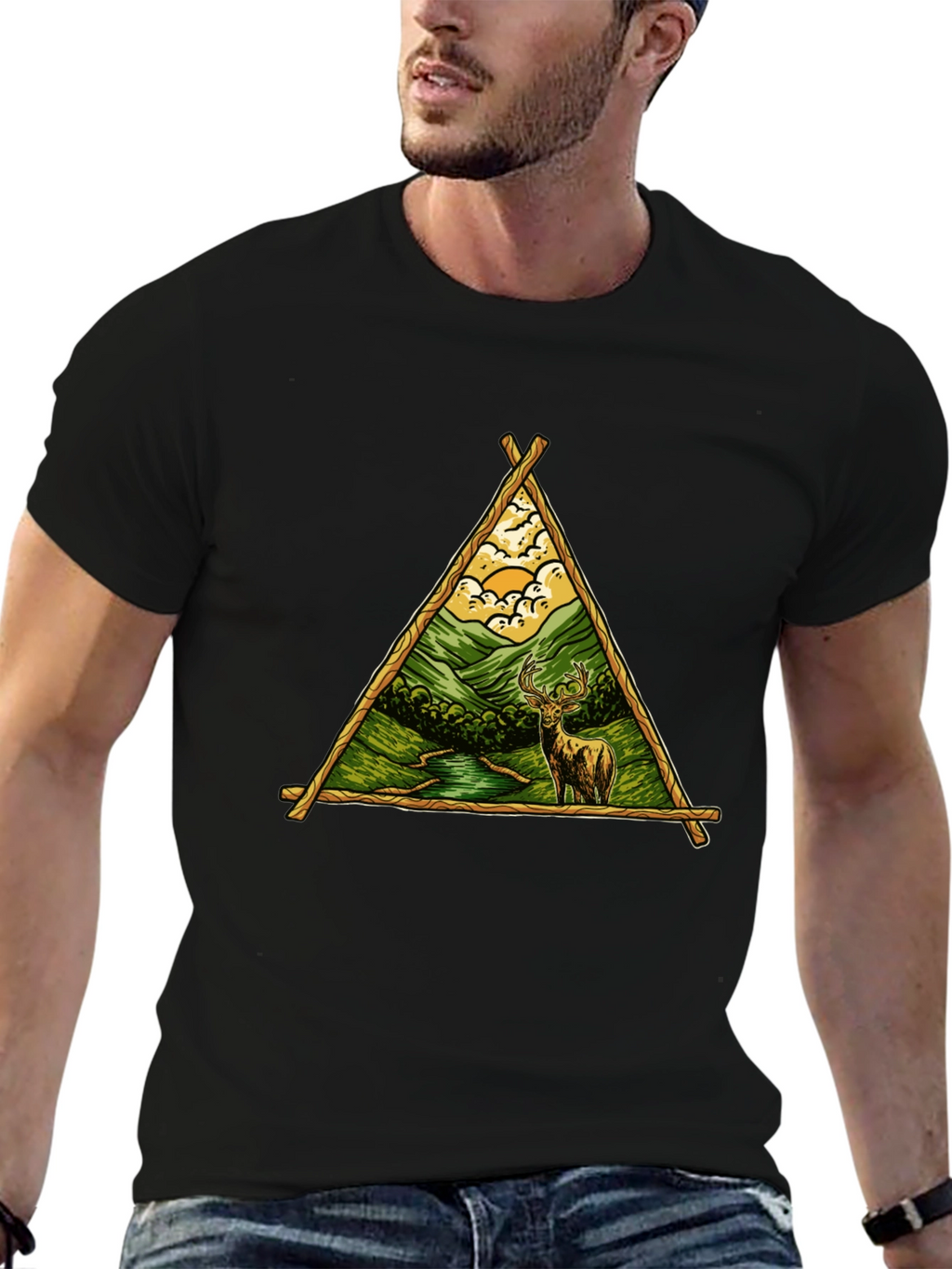 Nature Deer Graphic Tee - Black Cotton Shirt
