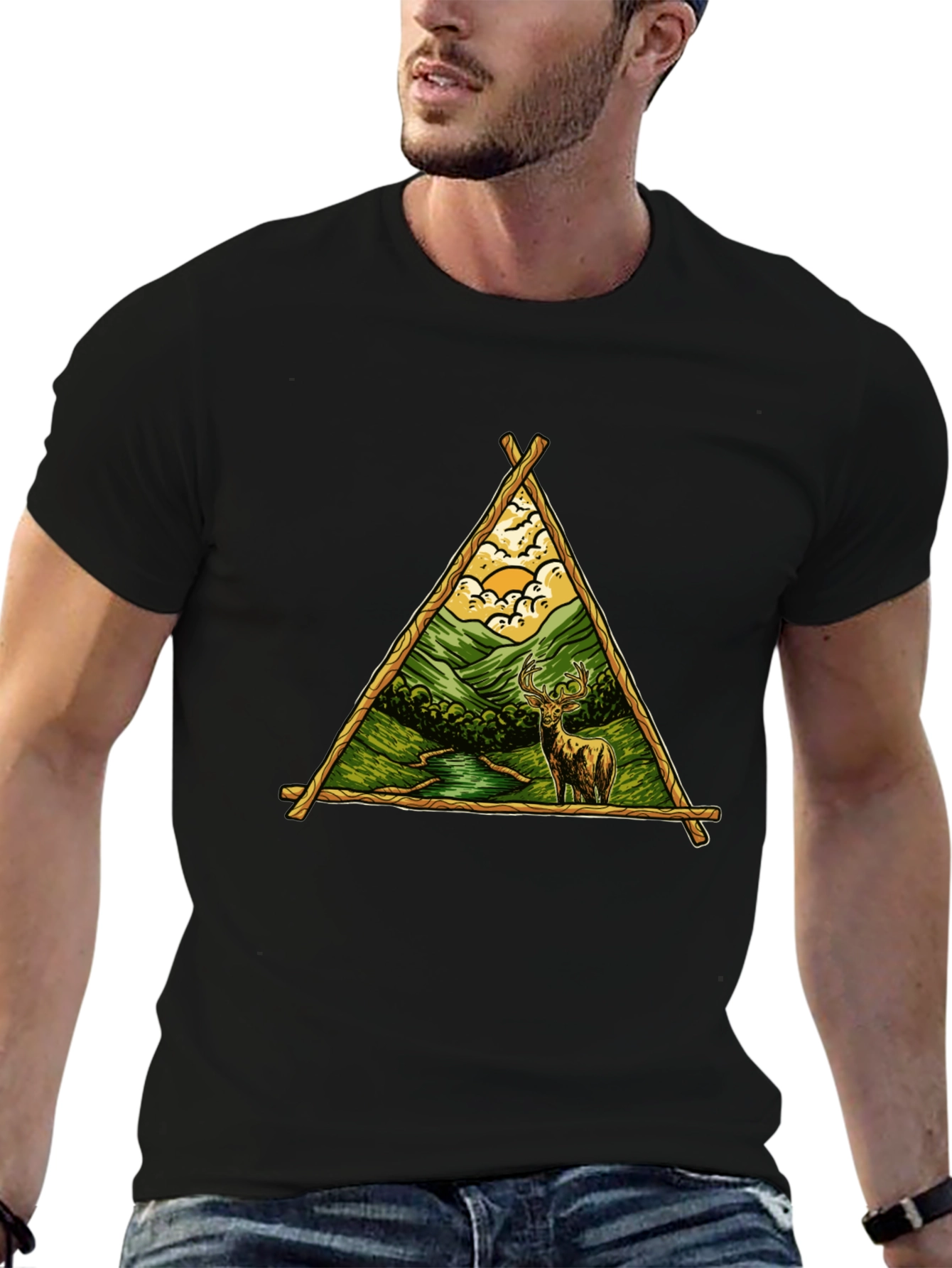 Nature Deer Graphic Tee - Black Cotton Shirt