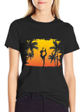Silhouette Yoga Palm Tree Sunset Black T-Shirt