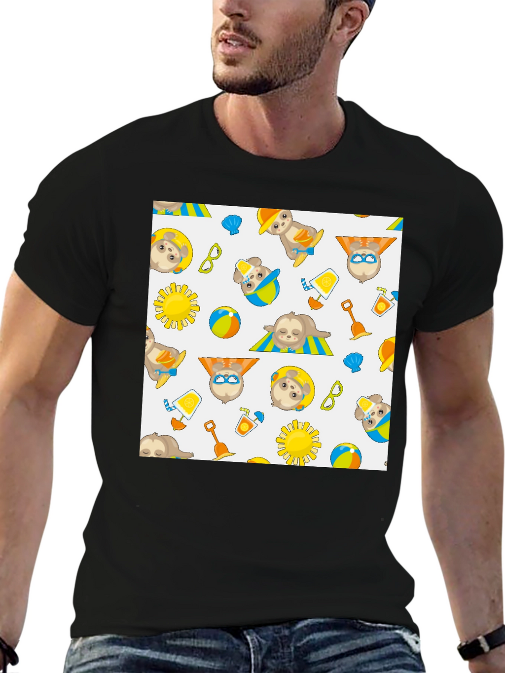 Summer Sloth Print Black T-Shirt