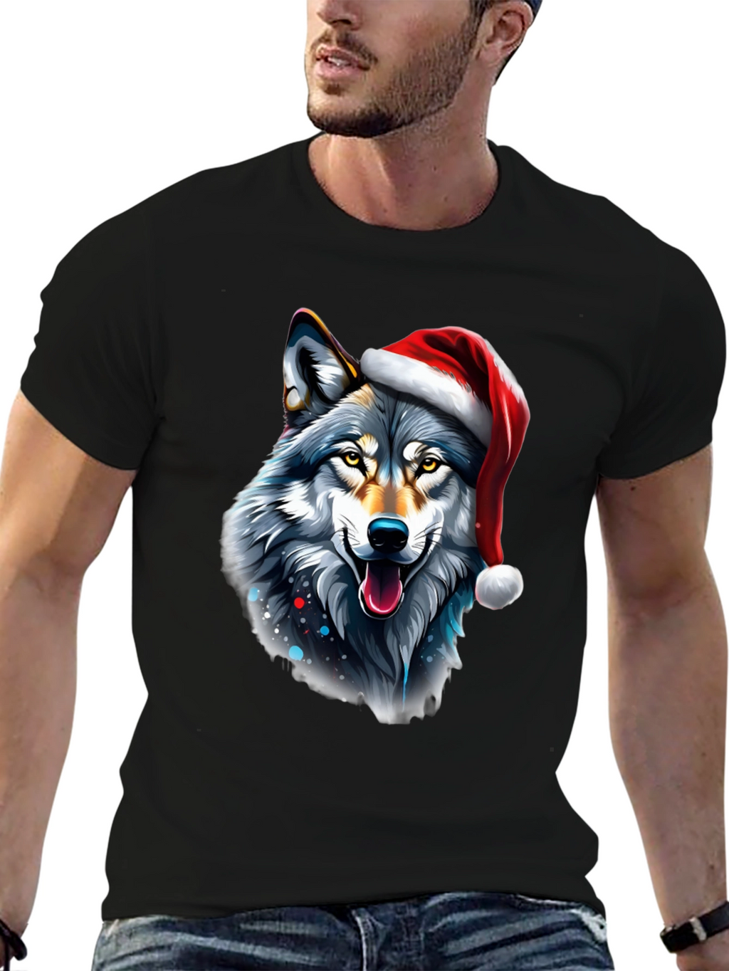 Festive Wolf Graphic Tee - Holiday Style