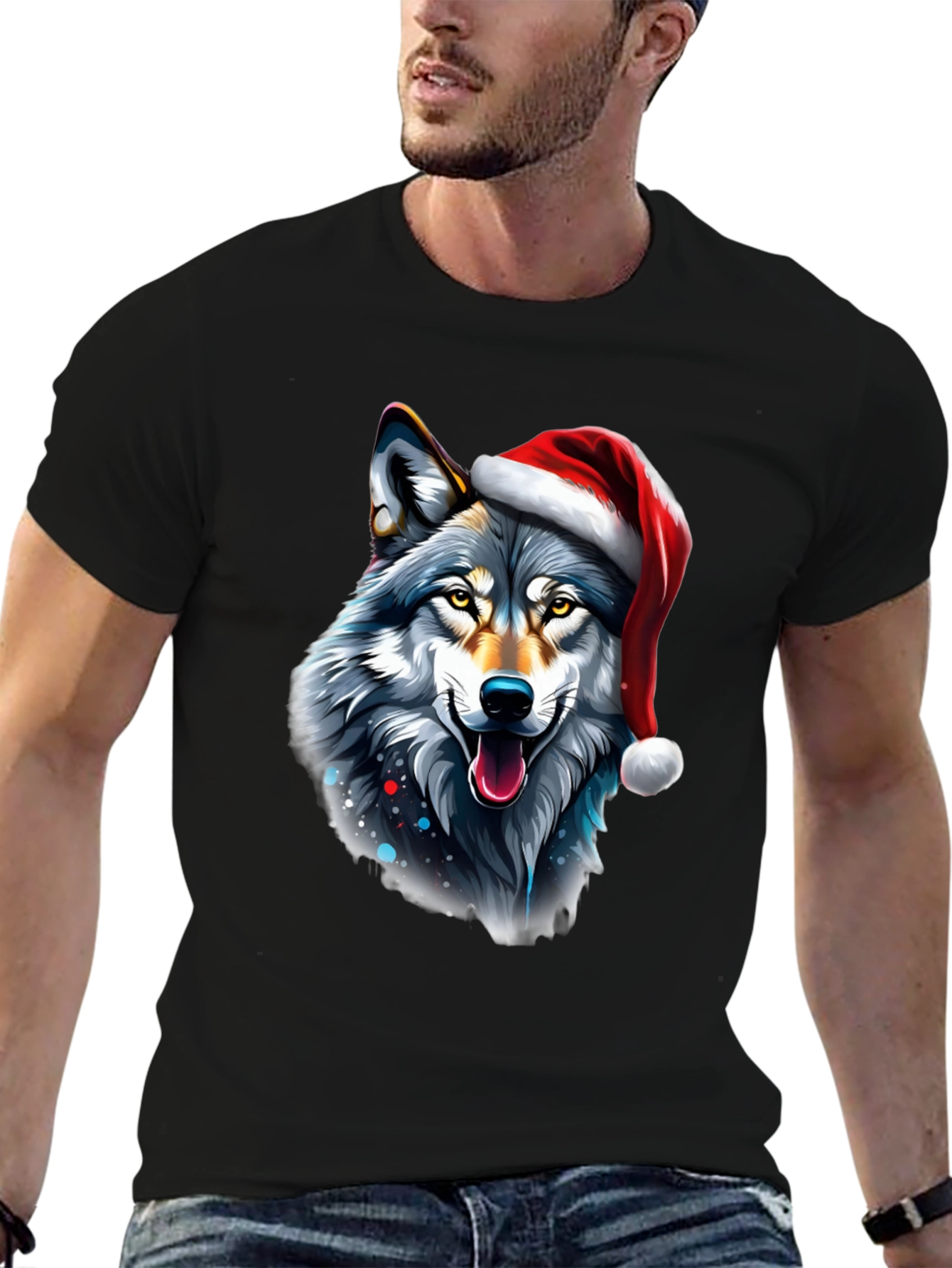 Festive Wolf Graphic Tee - Holiday Style