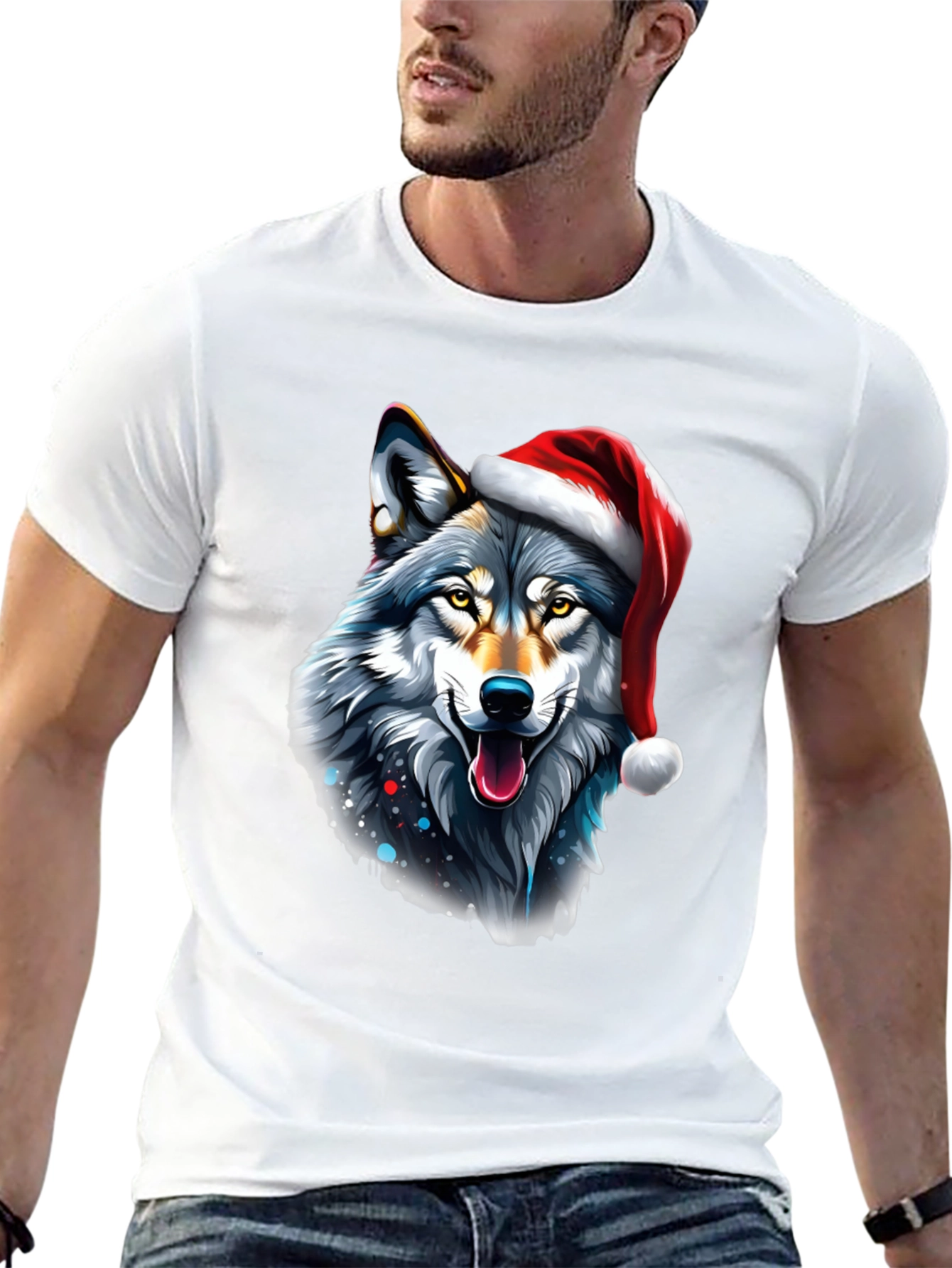 Festive Wolf Graphic Tee - Holiday Style