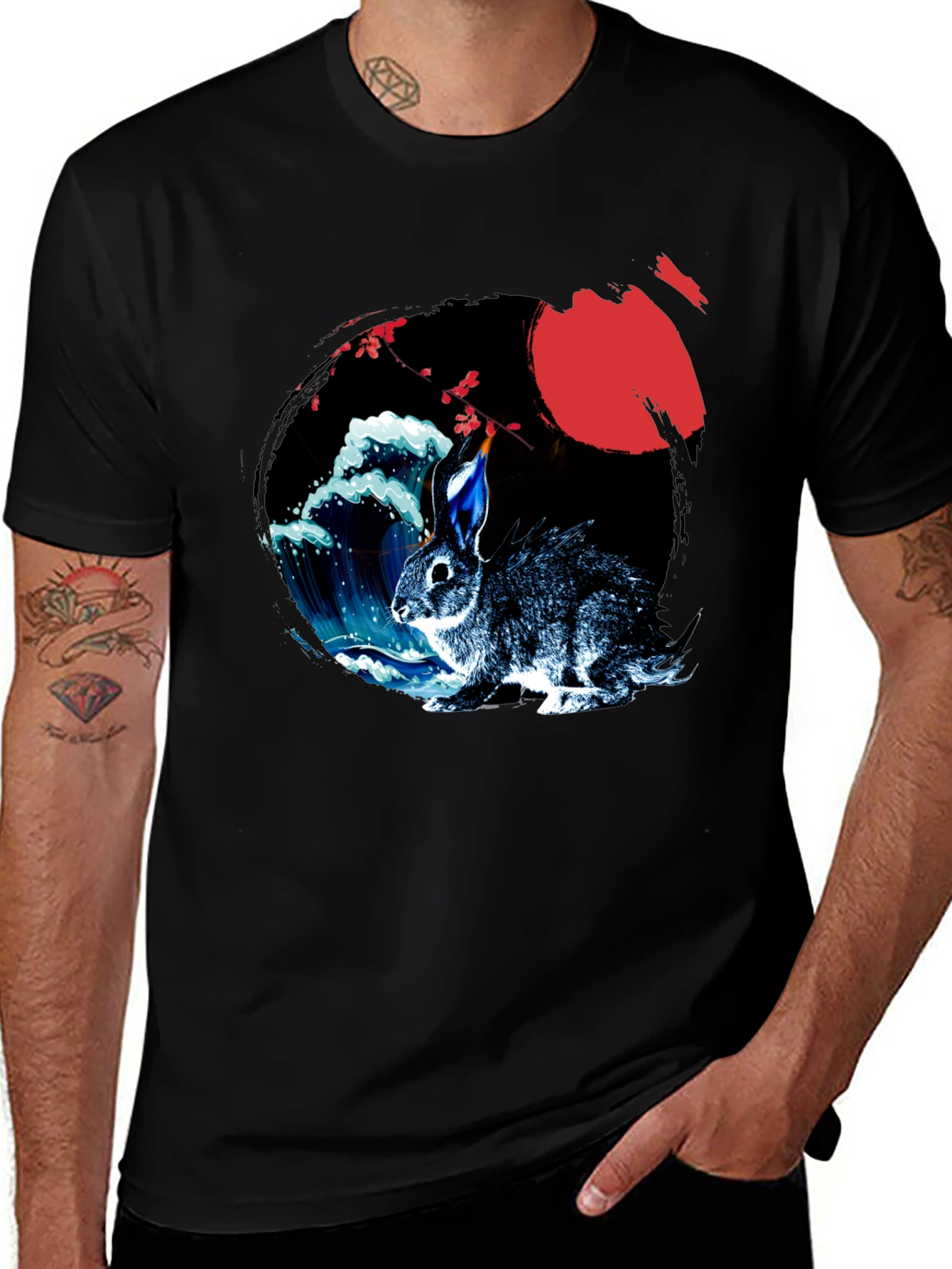 Rabbit Moon Graphic Tee - Japanese Wave Design