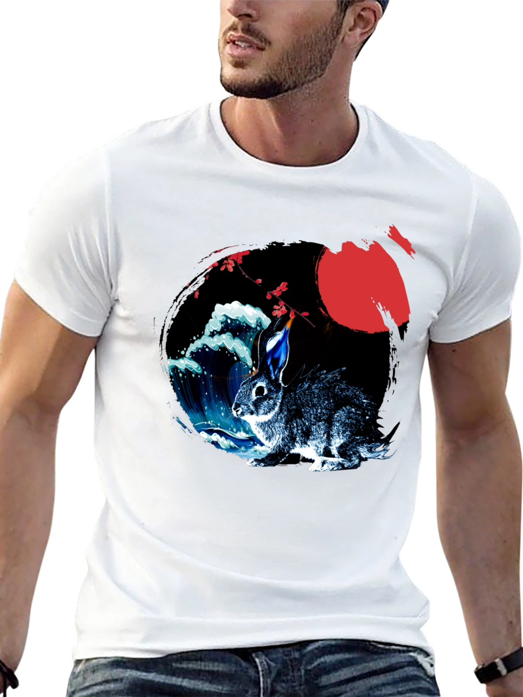 Rabbit Moon Graphic Tee - Japanese Wave Design