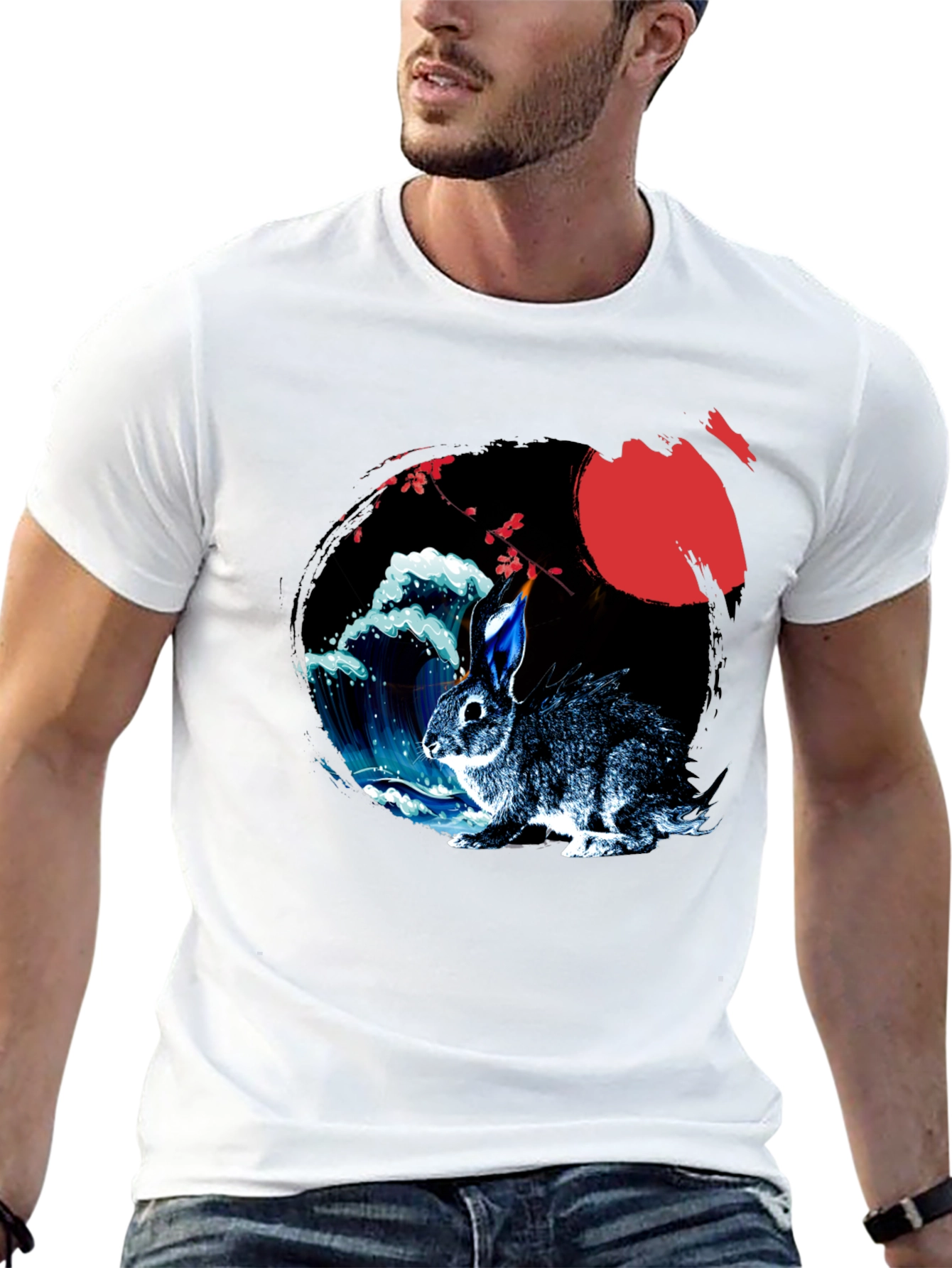 Rabbit Moon Graphic Tee - Japanese Wave Design