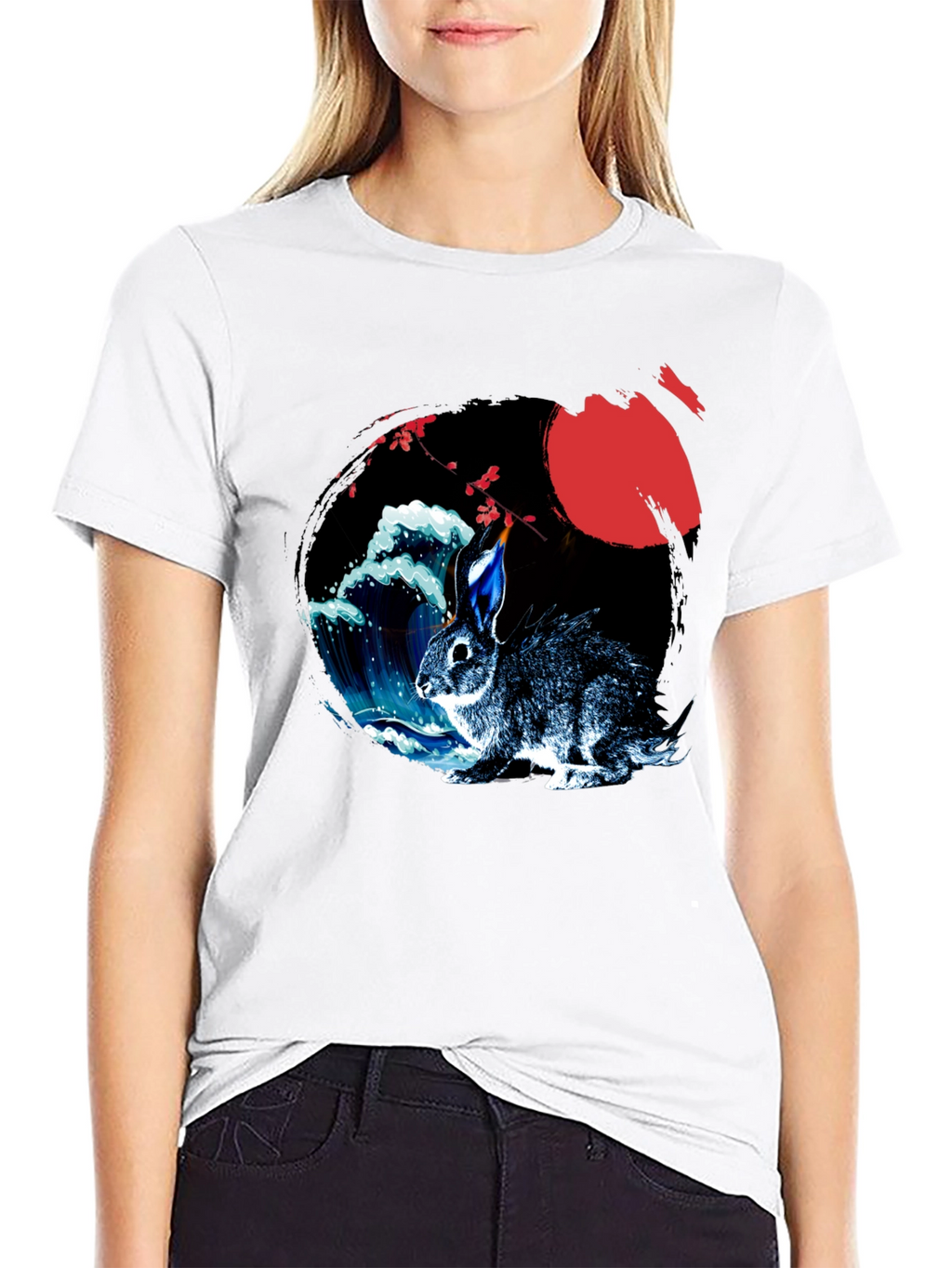 Rabbit Moon Graphic Tee - Japanese Wave Design