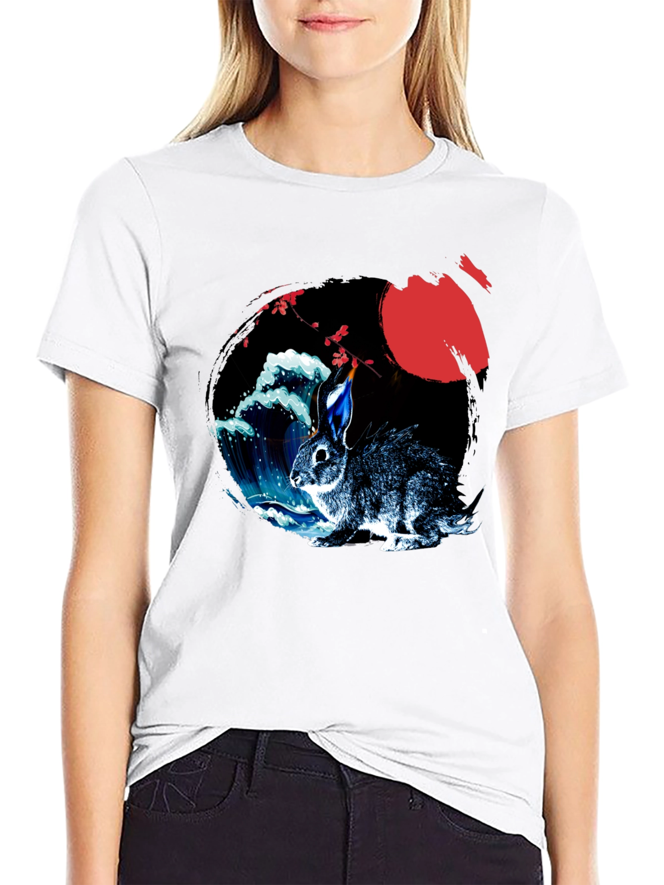 Rabbit Moon Graphic Tee - Japanese Wave Design