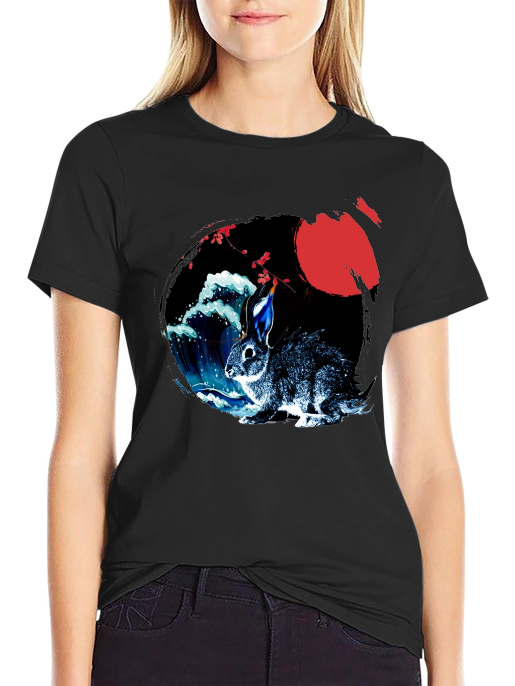 Rabbit Moon Graphic Tee - Japanese Wave Design