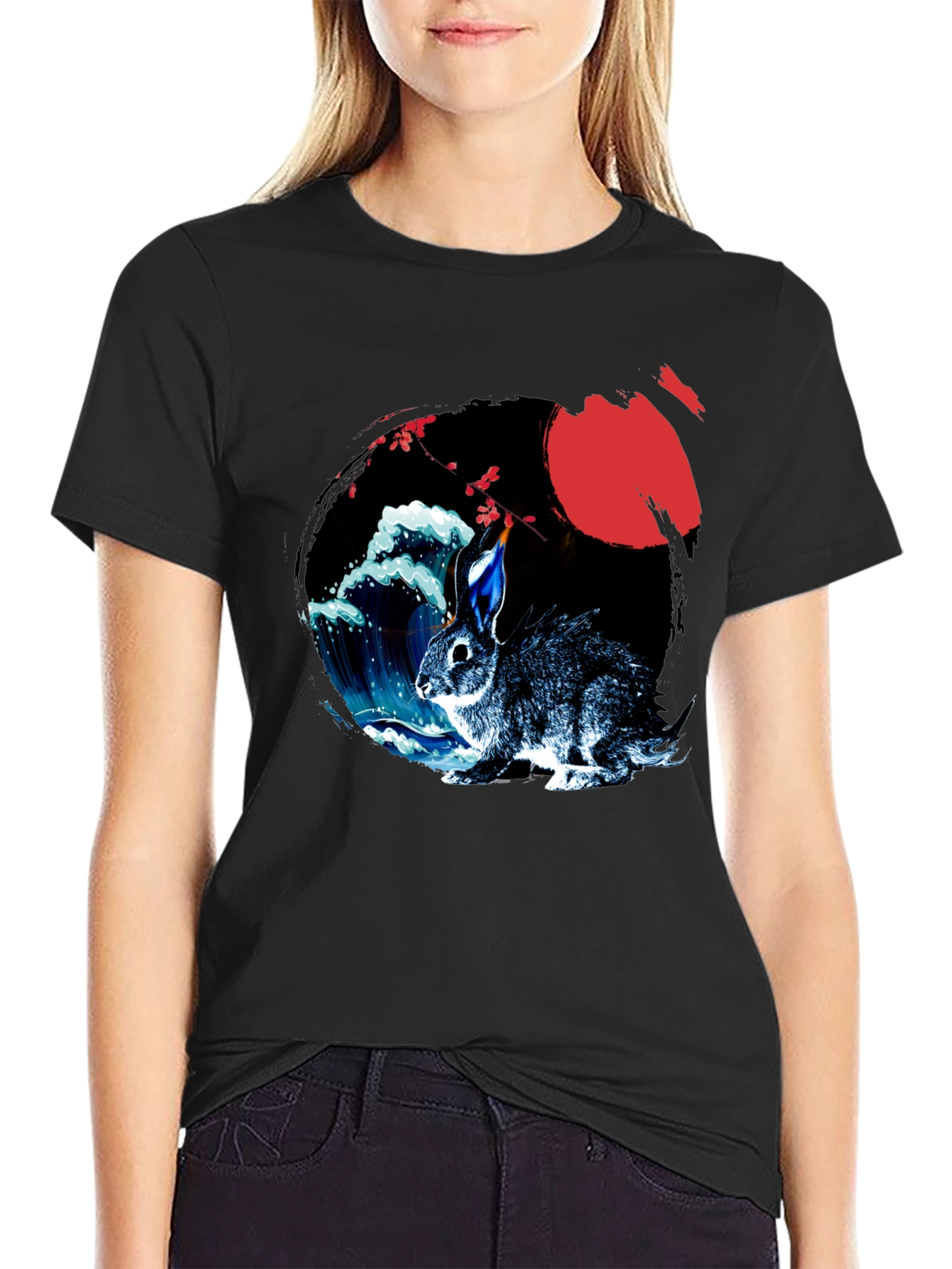 Rabbit Moon Graphic Tee - Japanese Wave Design