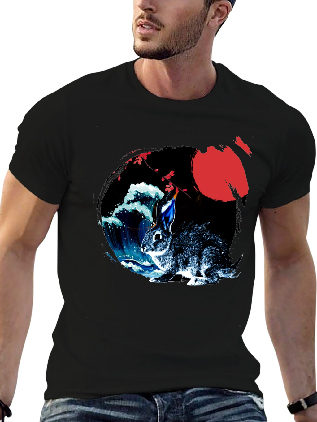 Rabbit Moon Graphic Tee - Japanese Wave Design