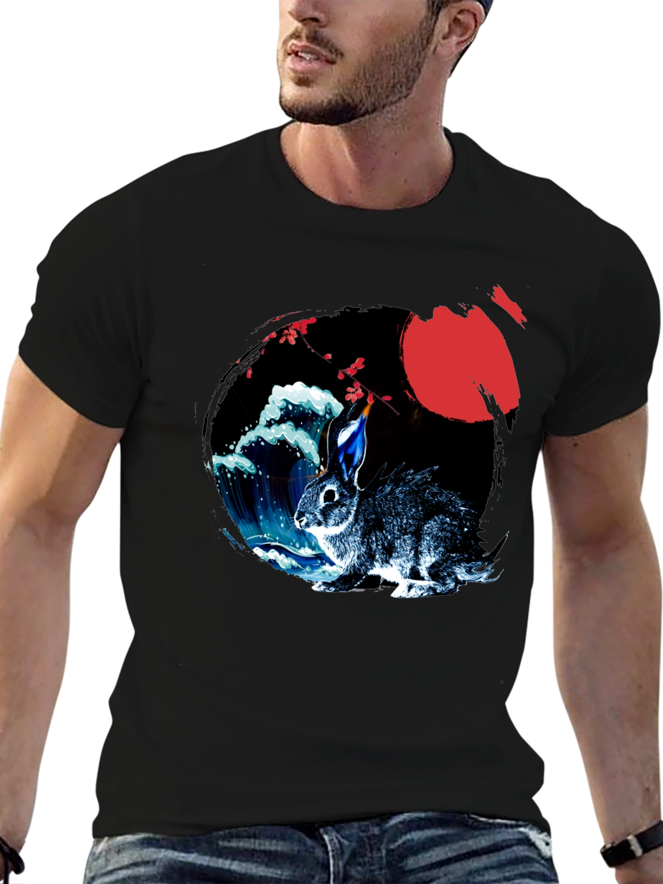 Rabbit Moon Graphic Tee - Japanese Wave Design