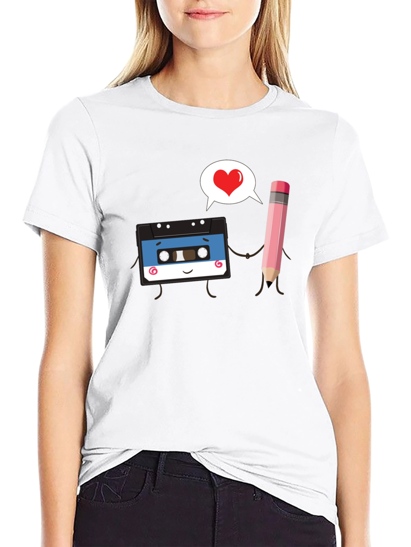 Retro Cassette & Pencil Love Graphic Black T-Shirt