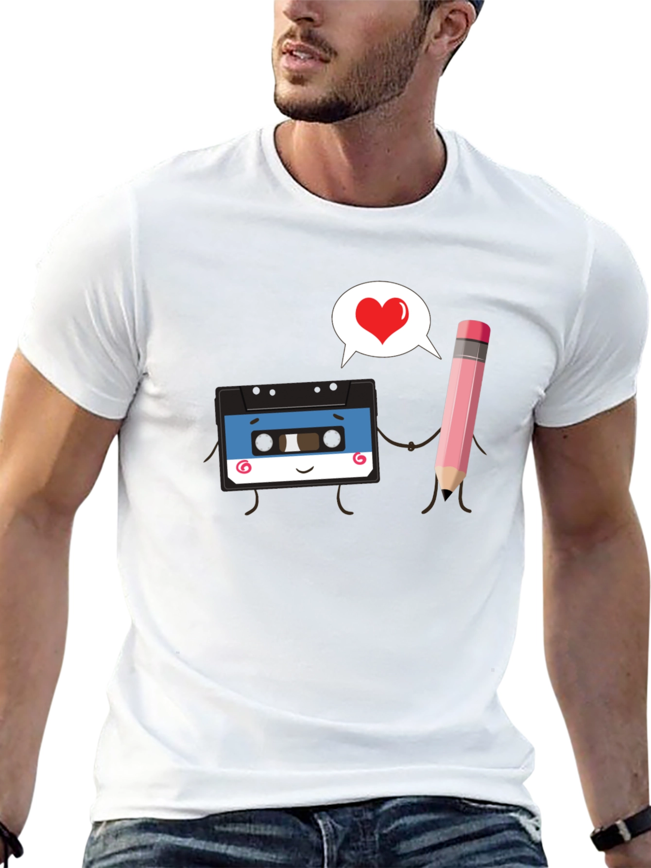 Retro Cassette & Pencil Love Graphic Black T-Shirt