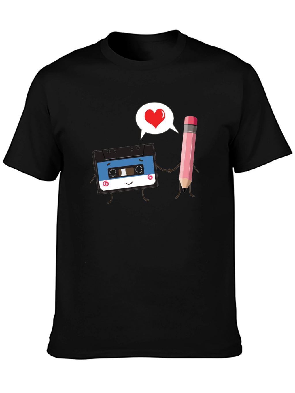 Retro Cassette & Pencil Love Graphic Black T-Shirt