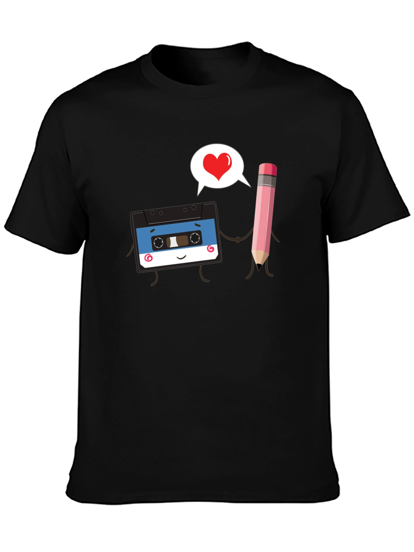 Retro Cassette & Pencil Love Graphic Black T-Shirt