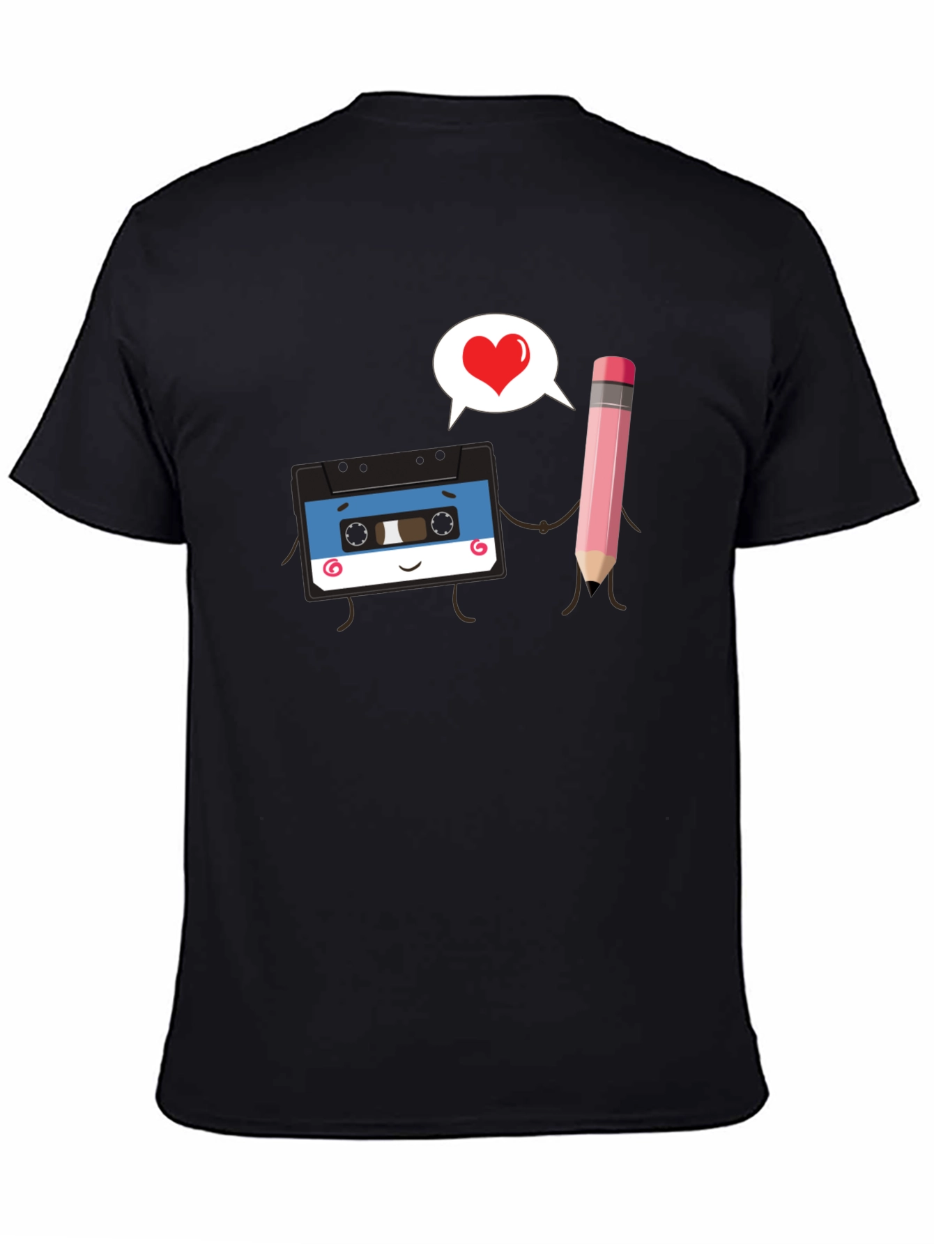 Retro Cassette & Pencil Love Graphic Black T-Shirt
