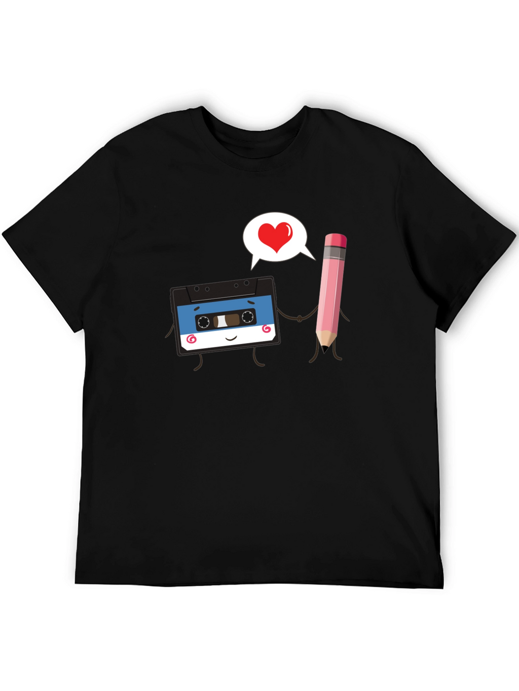 Retro Cassette & Pencil Love Graphic Black T-Shirt