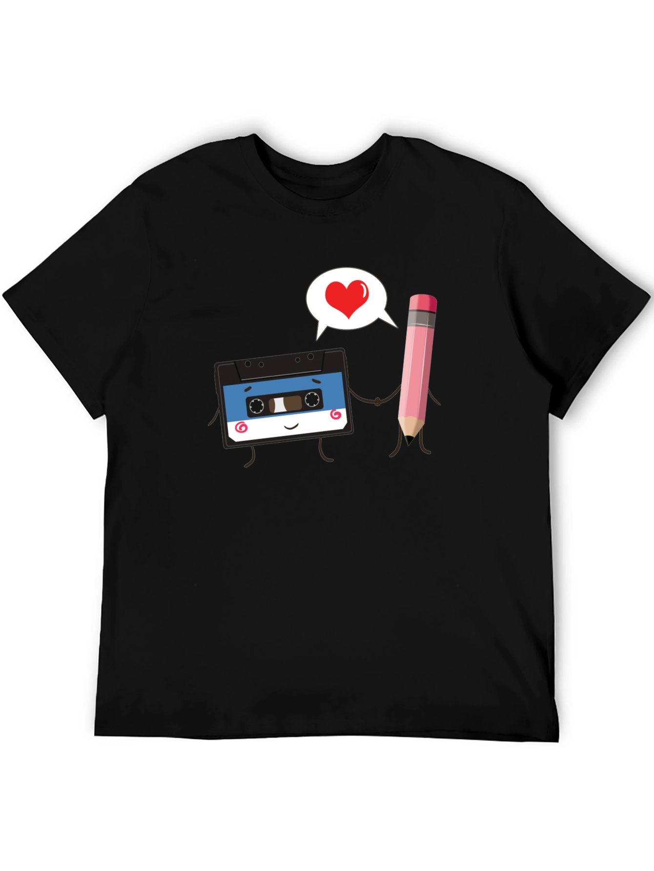 Retro Cassette & Pencil Love Graphic Black T-Shirt